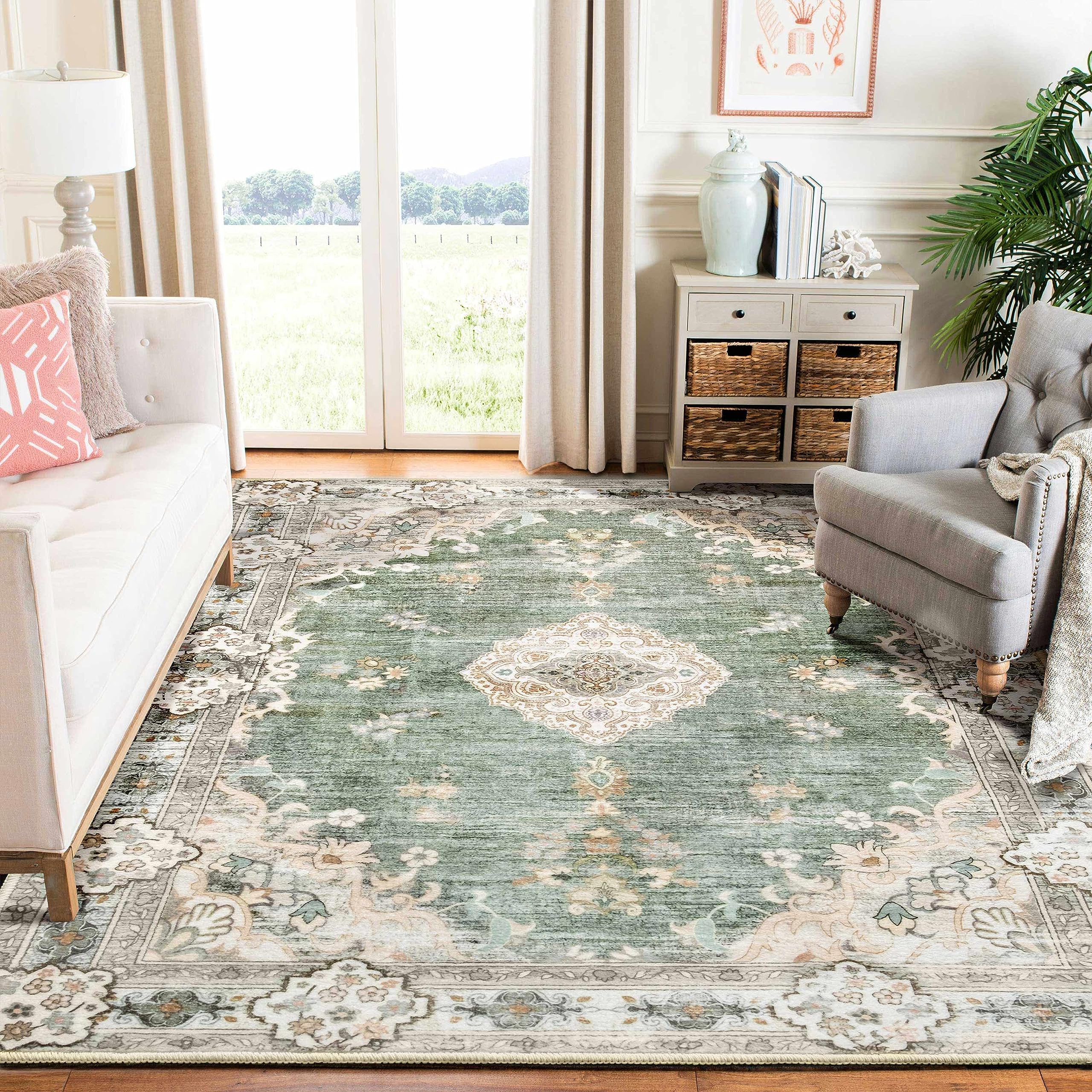 MUJOO Green Rug 6x9 Area Rugs for Living Room Washable Rugs Large Boho Carpet for Bedroom Dining Room Neutral Vintage Farmhous