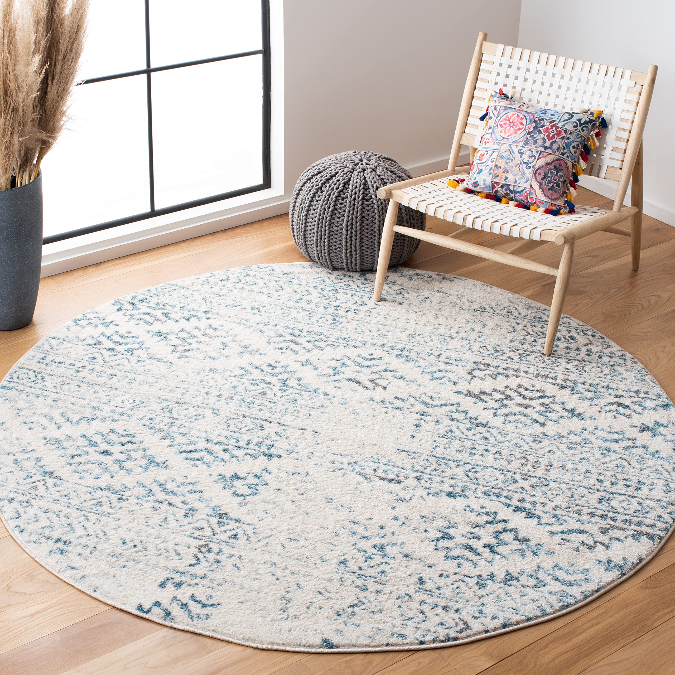 SAFAVIEH Tulum Collection 67 Round Ivory / Turquoise TUL272E Moroccan Boho Tribal Non-Shedding Dining Room Entryway Foyer Livin