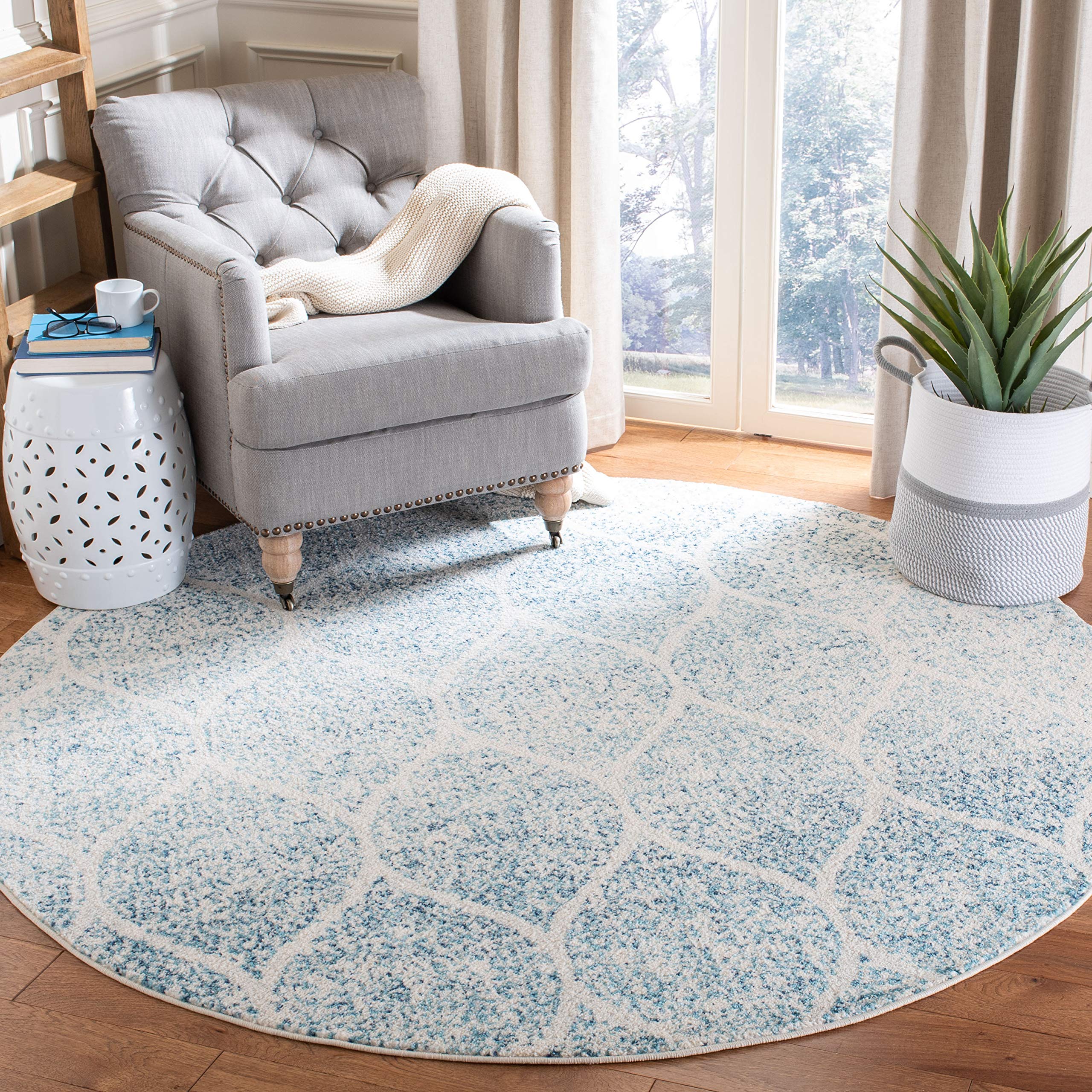 SAFAVIEH Madison Collection 4 Round Cream / Turquoise MAD604E Glam Ogee Trellis Distressed Non-Shedding Dining Room Entryway Fo