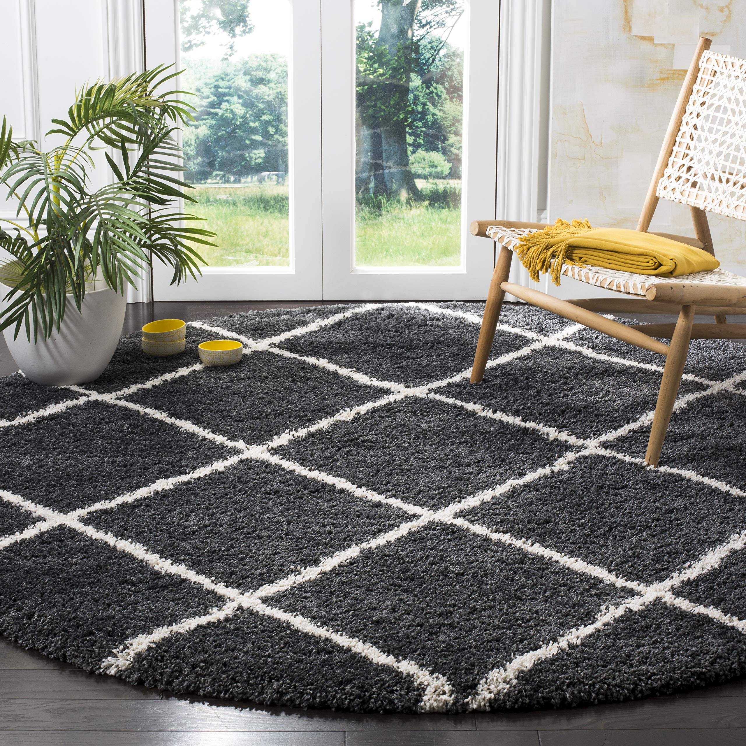 SAFAVIEH Hudson Shag Collection Area Rug - 8 Round, Dark Grey & Ivory, Trellis Design, 2-inch Thick, Ideal for The Living Room,