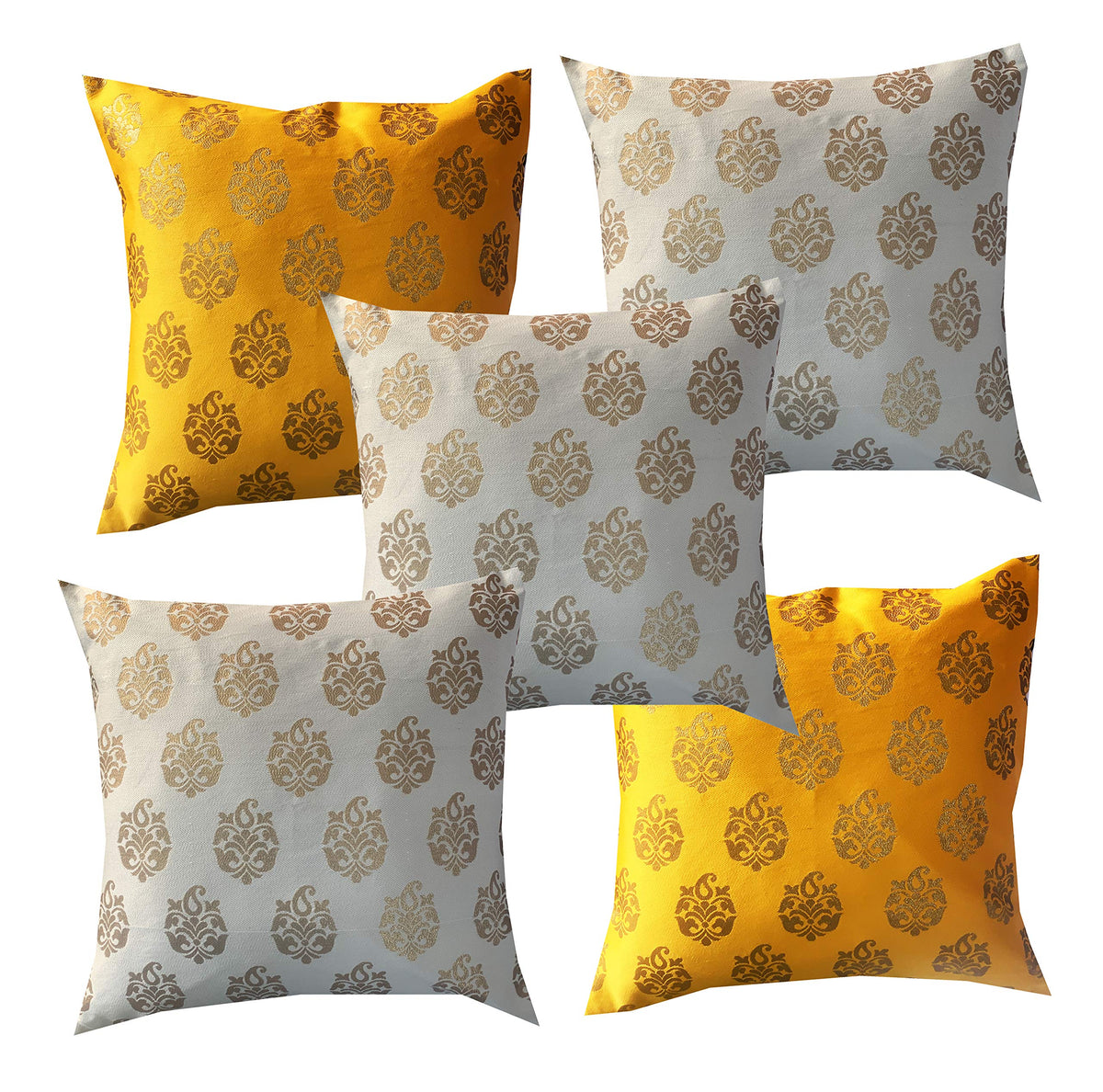 Pink Parrot Jacquard Silk Off White And Yellow Square Cushion Cover 16X16 InchSet 5 Pcs