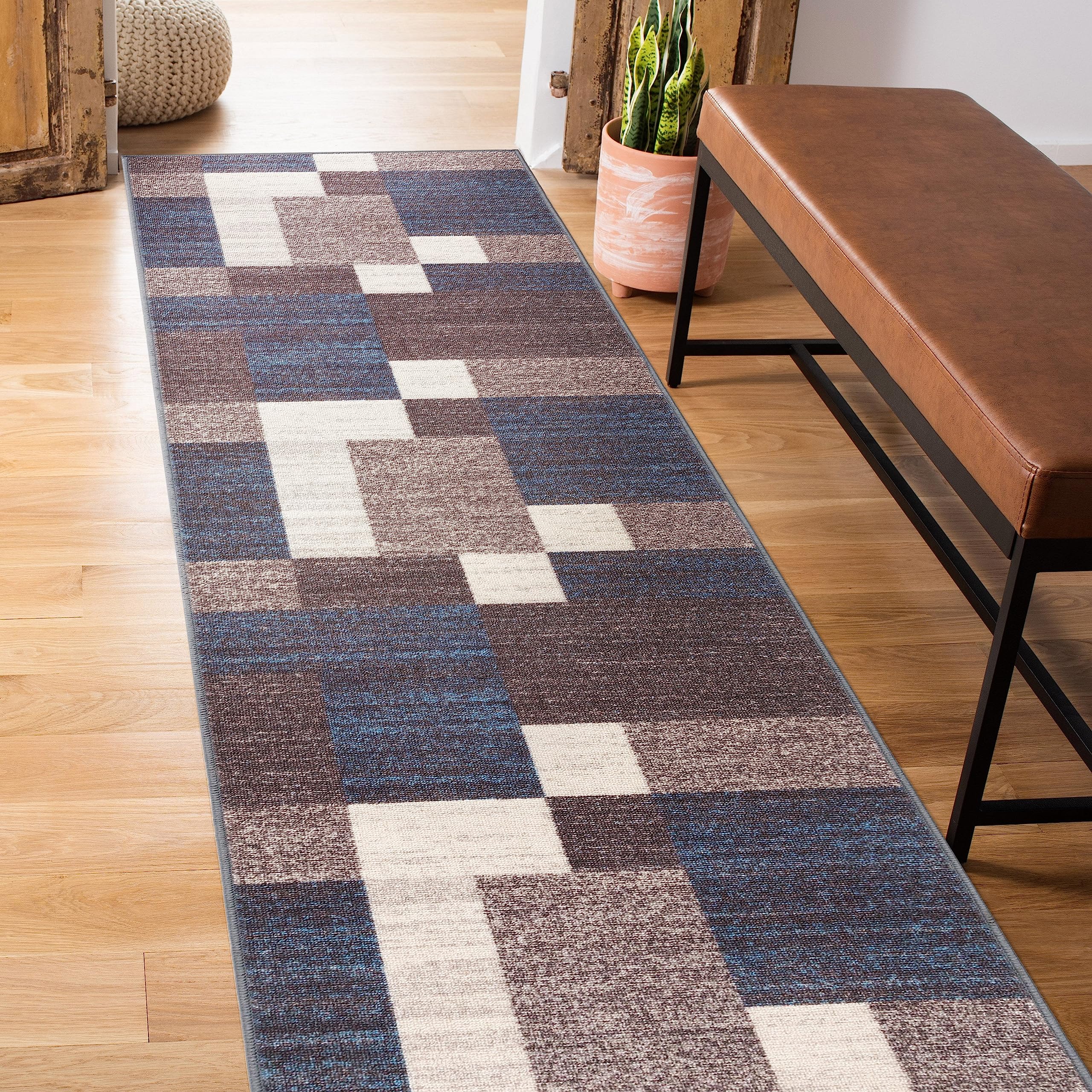 Modern Boxes Design Non-Slip (Non-Skid) Runner Rug 2 X 7 (22 X 84) Blue