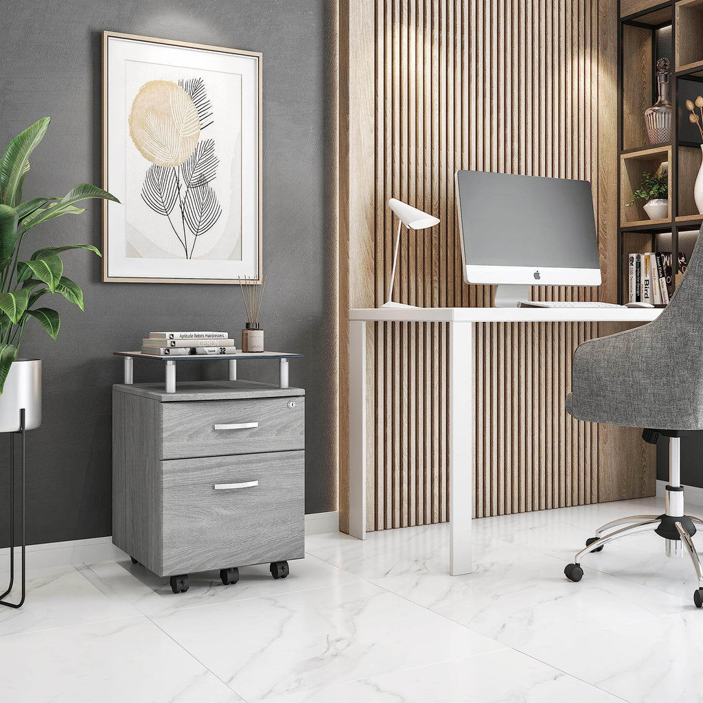 2-Drawer Rolling File Cabinet with Lock and Glass Top, Under Desk File Cabinet with Wheels, Printer Stand, Grey