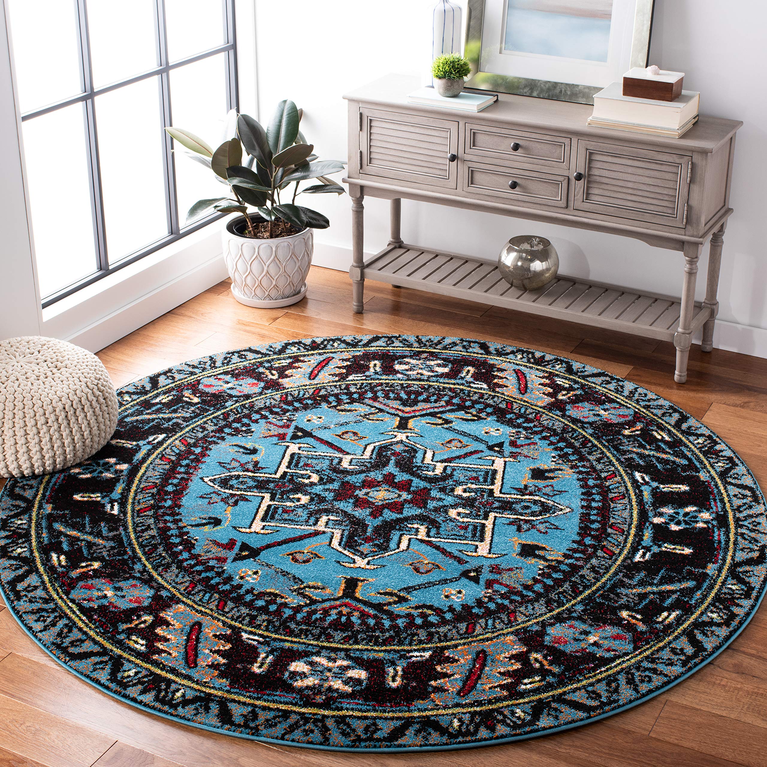 SAFAVIEH Vintage Hamadan Collection 67 Round Light Blue / Black VTH211M Oriental Traditional Persian Non-Shedding Dining Room E