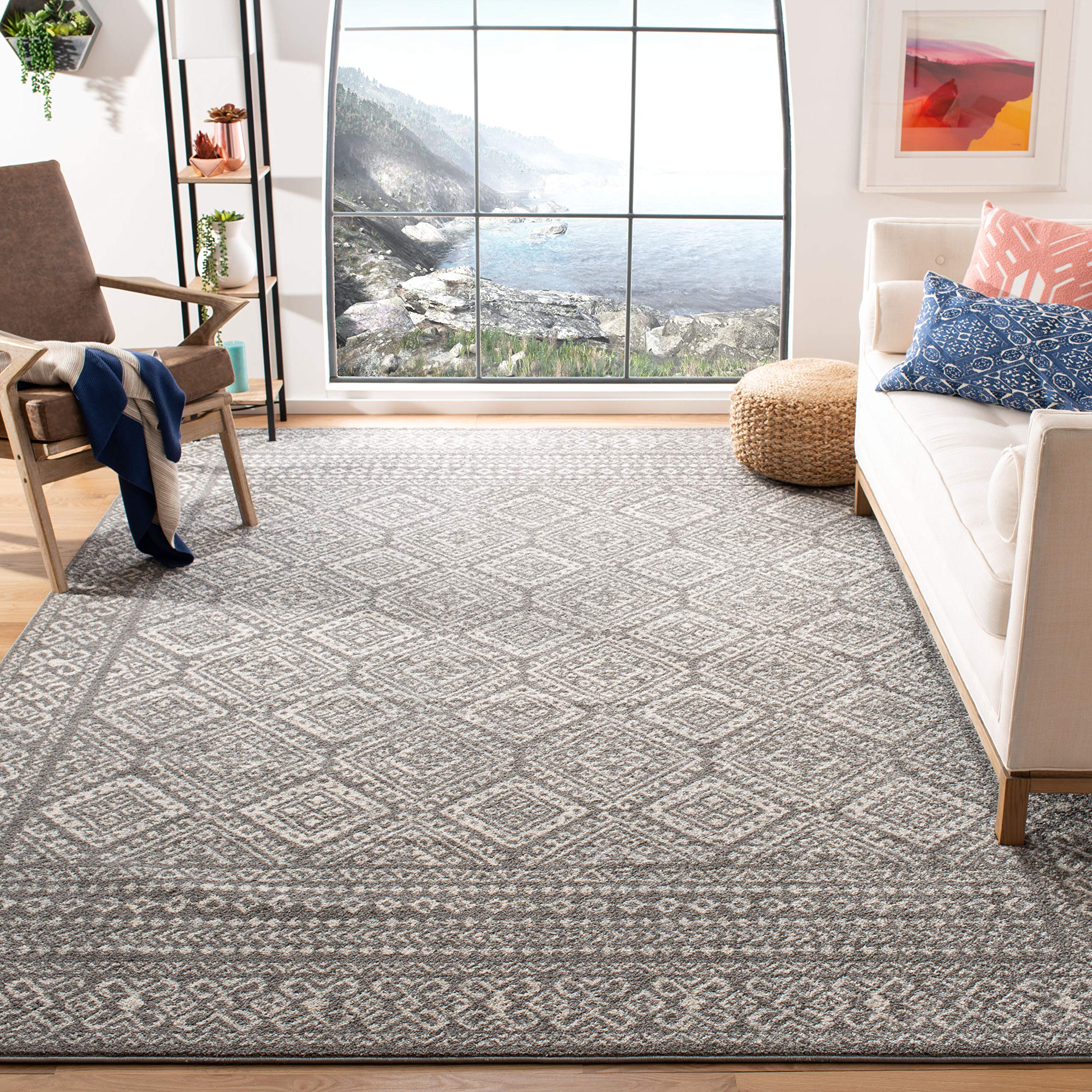 SAFAVIEH Tulum Collection Area Rug - 8 x 10, Dark Grey & Ivory, Moroccan Boho Distressed Design, Non-Shedding & Easy Care, Ide