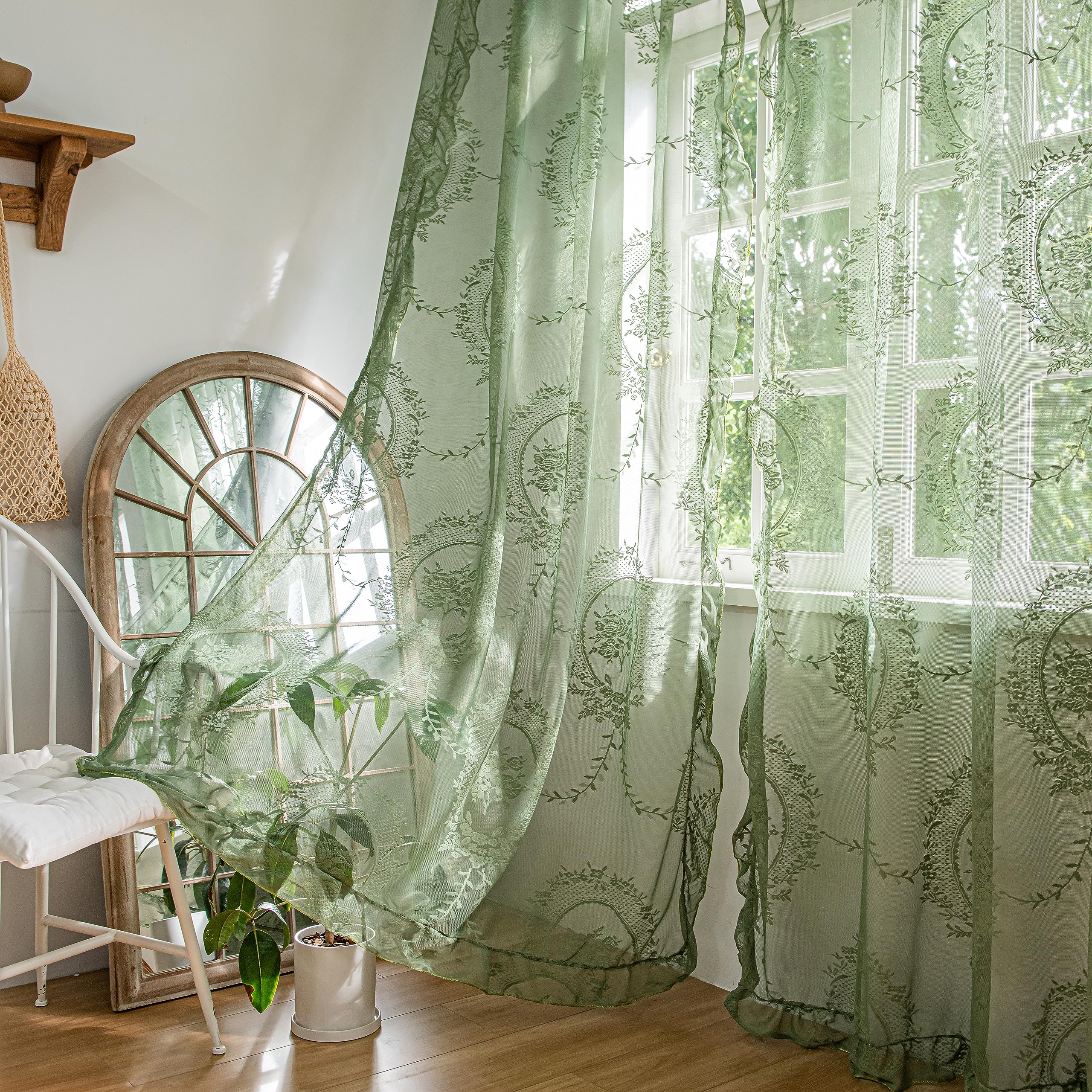 Sutuo Home Olive Green Lace Curtains 84 Inches Long 2 Set, Sheer Panels Rose Floral Embroidery Ruffled Vintage Window Treatment