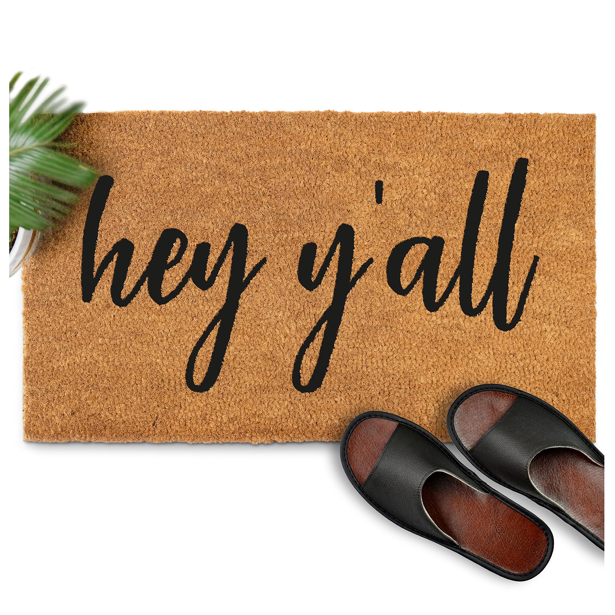 Hey Y'All Welcome Mat Outdoor 30X17 Inch Funny Coir Doormat With Anti-Slip Backing, Hey Yall Door Mat, Entrance Natural Outdoor
