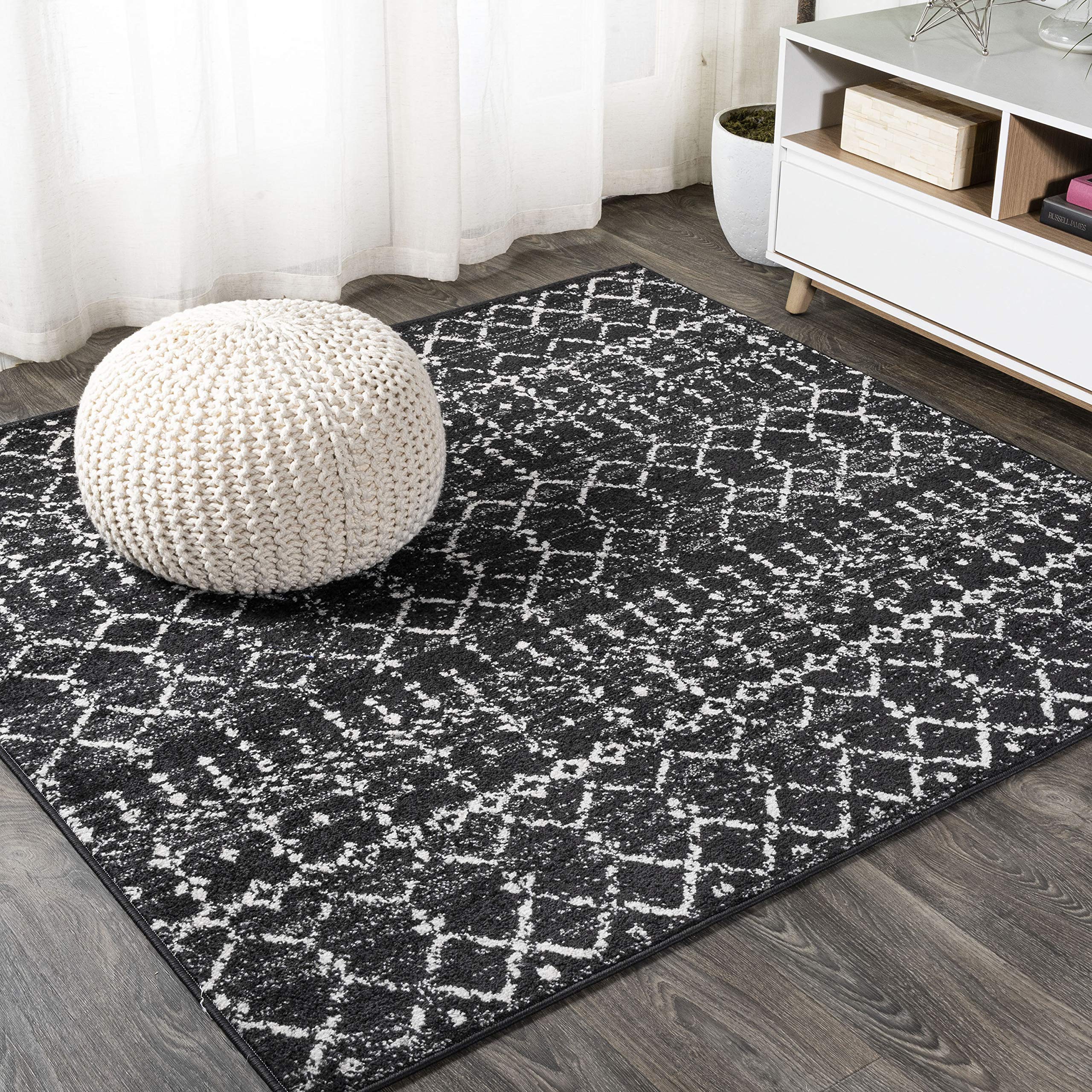 JONATHAN Y MOH101D-6SQ Moroccan Hype Boho Vintage Diamond Black/Ivory 6 Square Area Rug, Pet Friendly, Non Shedding, Stain Resi
