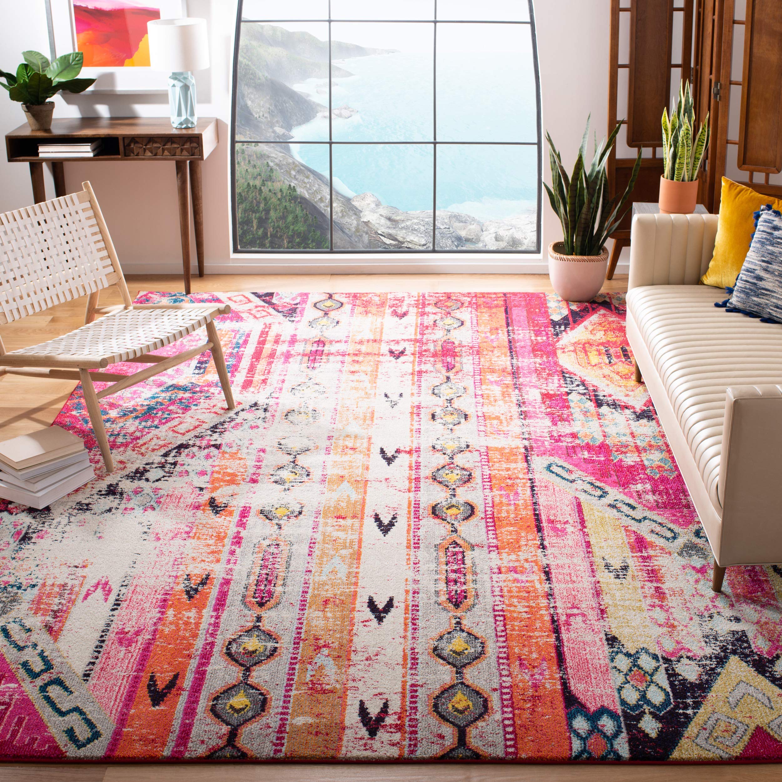 SAFAVIEH Monaco Collection 9 x 12 Magenta Multi MNC222D Boho Chic Tribal Distressed Non-Shedding Living Room Bedroom Dining Ho