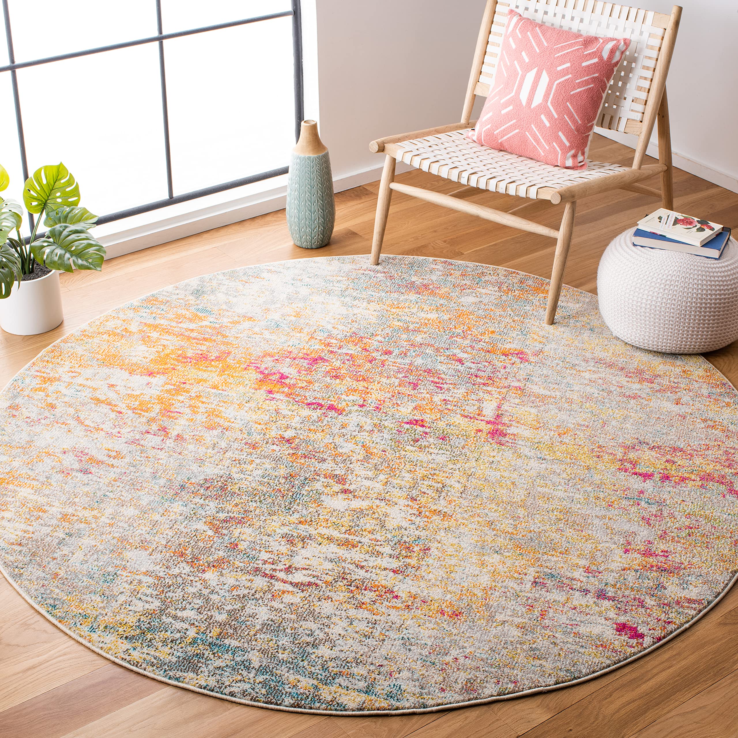 SAFAVIEH Madison Collection Area Rug - 5 Round, Grey & Turquoise, Modern Abstract Design, Non-Shedding & Easy Care, Ideal for H