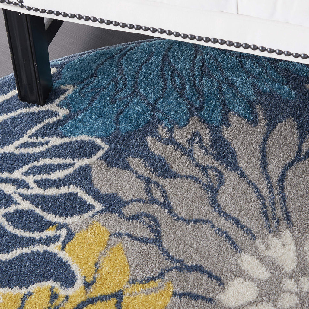 Nourison Passion Blue 5'3' X Round Area Rug, Floral, Farmhouse, Easy Cleaning, Non Shedding, Bed Room, Living Room, Dining Room, Kitchen, (5' Round)