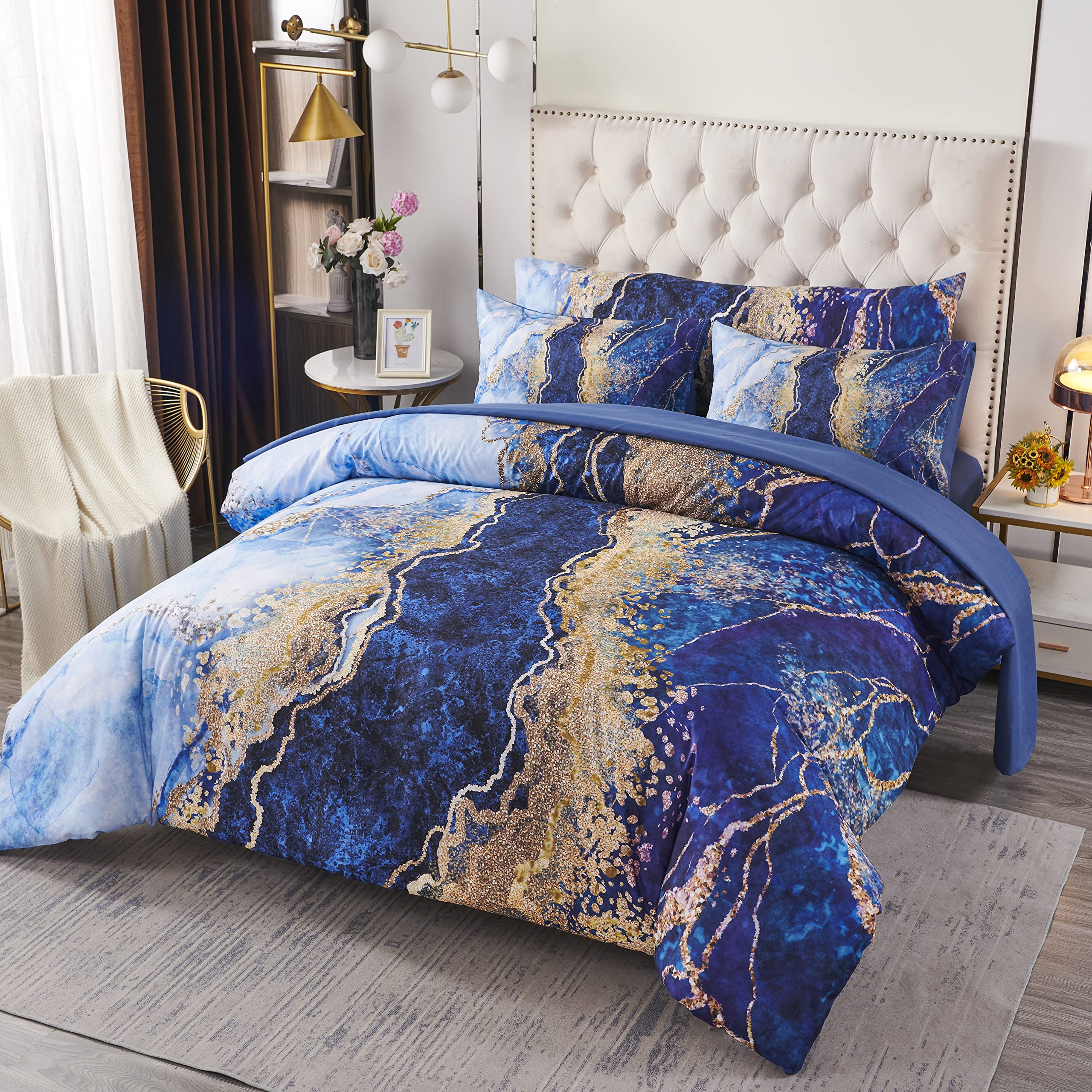 Perfemet 6 Pcs Bed-In-A-Bag Blue Watercolor Marble Printed Comforter Set With Matched Bed Sheets, Colorful Retro Artwork Style B