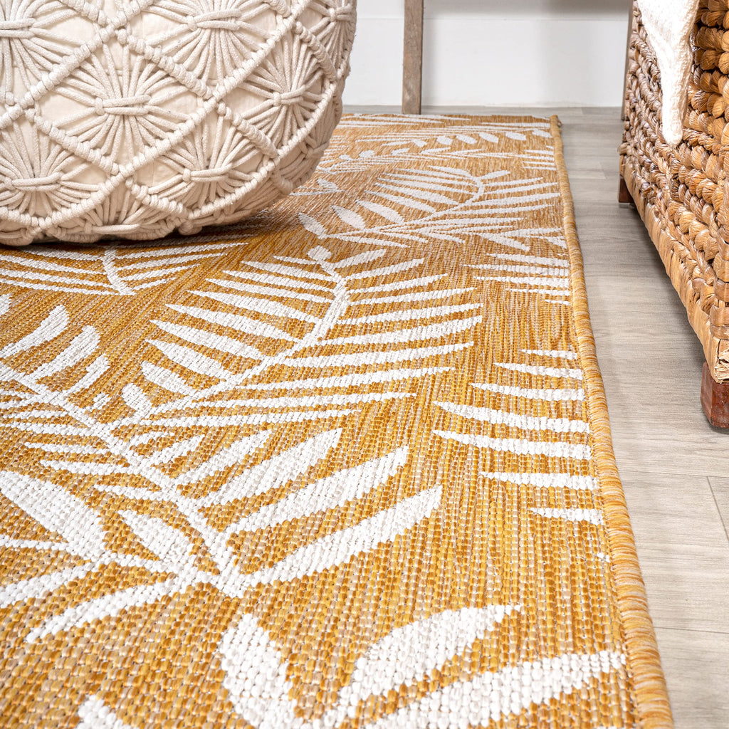 Jonathan Y Smb119C-28 Nevis Palm Frond Indoor Outdoor Area Rug, Coastal Casual Country & Floral Easy Cleaning,Bedroom,Kitchen,Backyard,Patio,Non Shedding, Yellow/Cream, 2 X 8