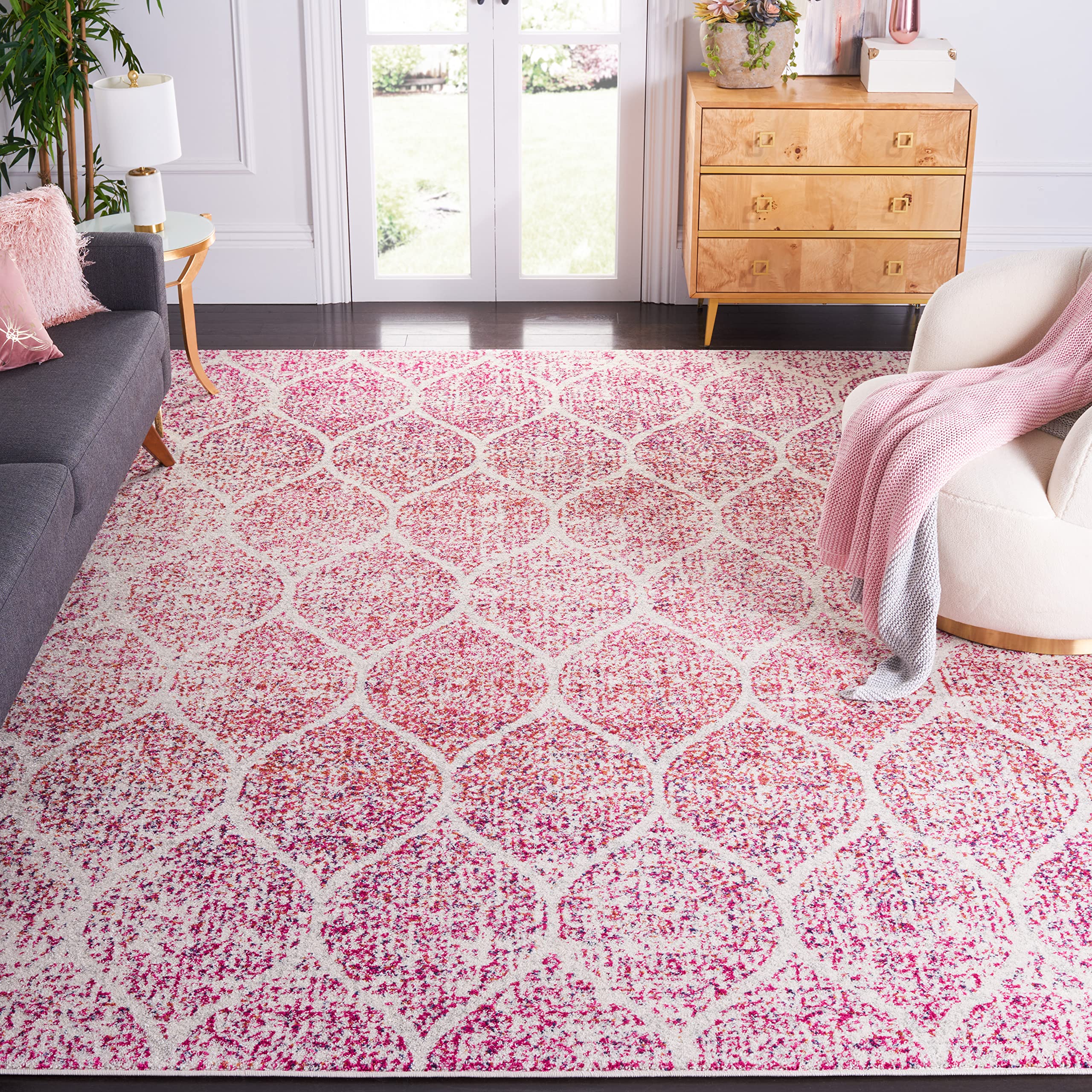 SAFAVIEH Madison Collection Area Rug - 8 x 10, Cream & Fuchsia, Glam Ogee Trellis Distressed Design, Non-Shedding & Easy Care,