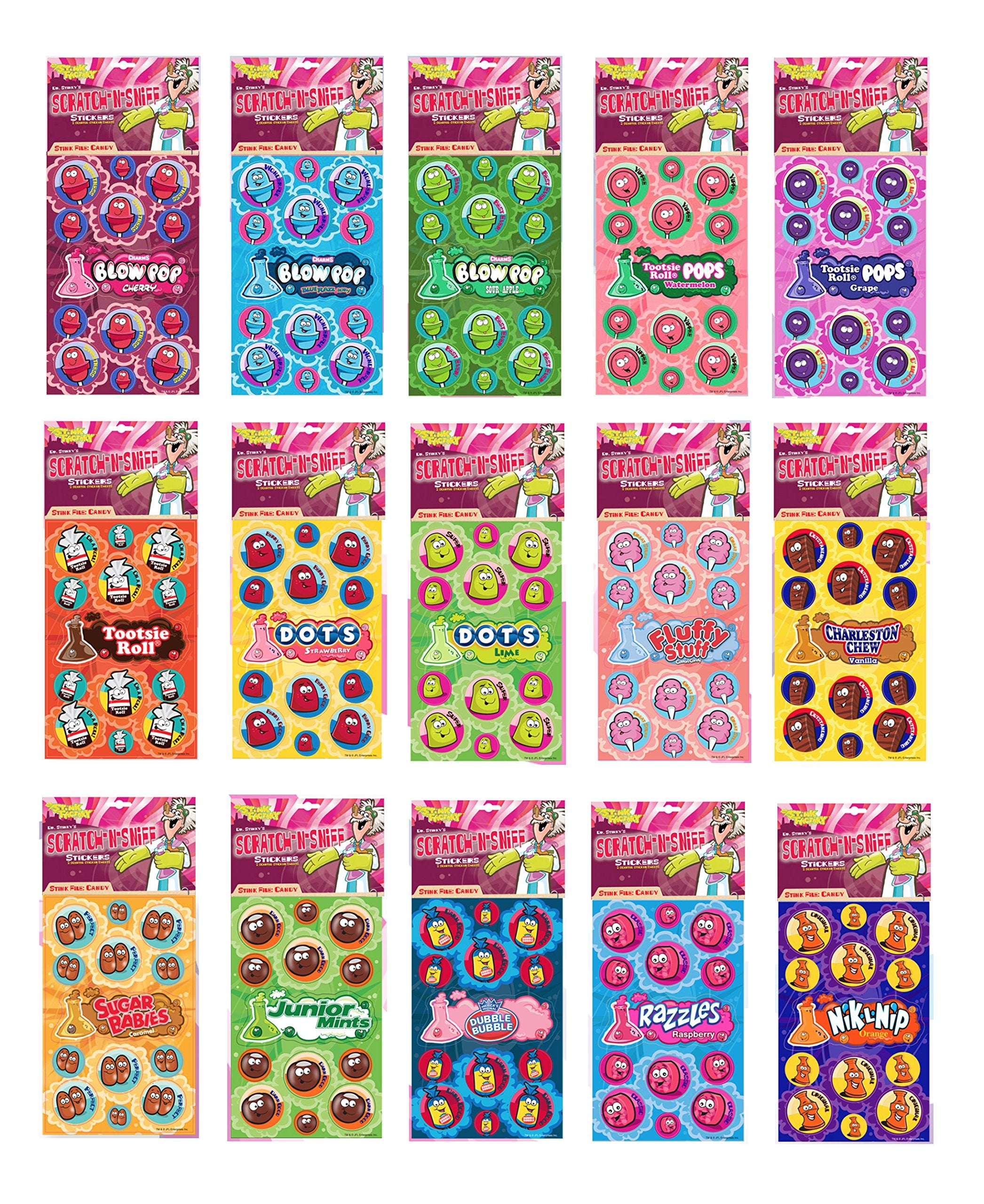 Dr. Stinky'S Scratch N Sniff Stickers Favorite Candy 15-Pack- Blow Pop, Tootsie Roll Pop, Tootsie Roll, Dots, Fluffy Stuff, Char