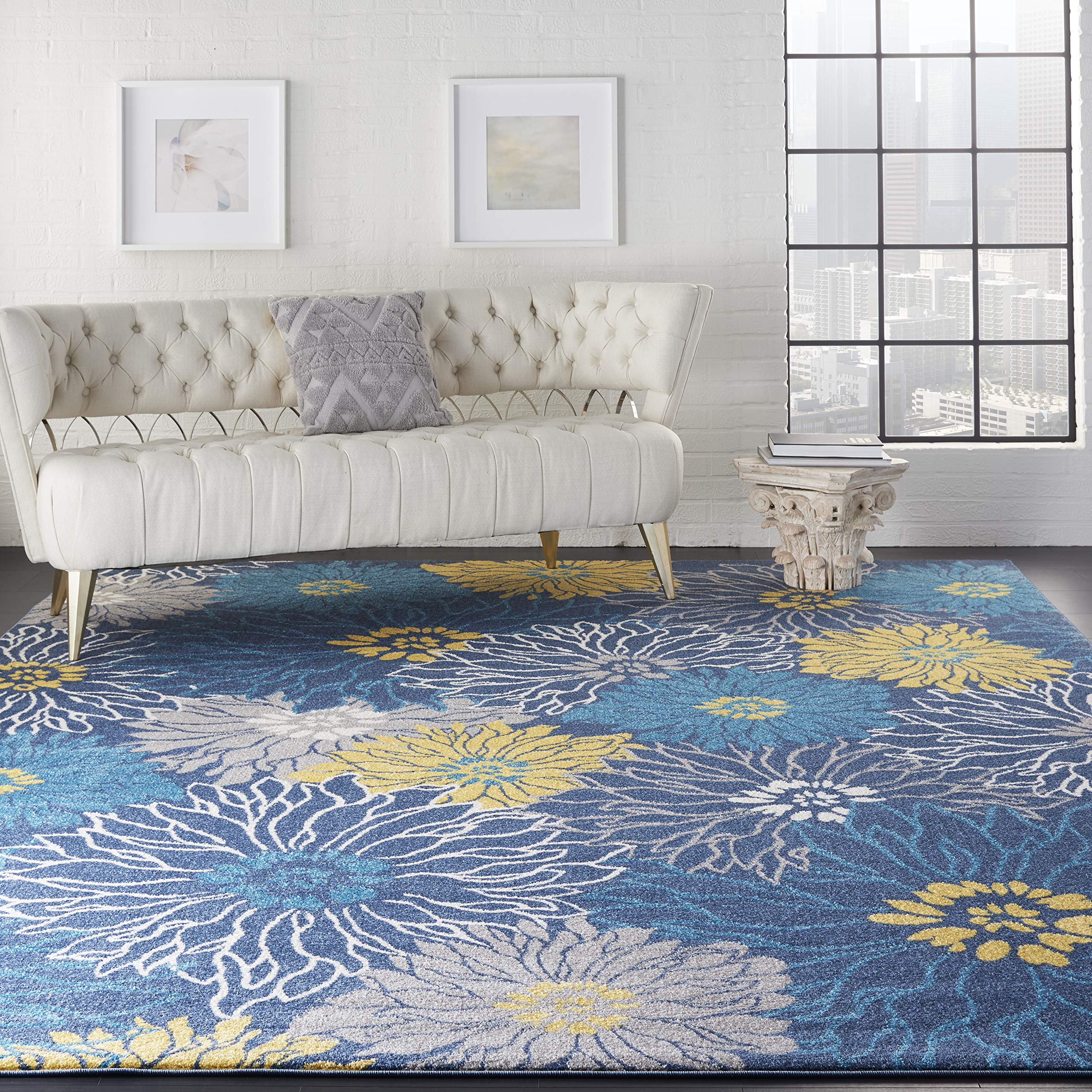 Nourison Passion Blue 9' X 12' Area Rug, Floral, Farmhouse, Easy Cleaning, Non Shedding, Bed Room, Living Room, Dining Room, Kit