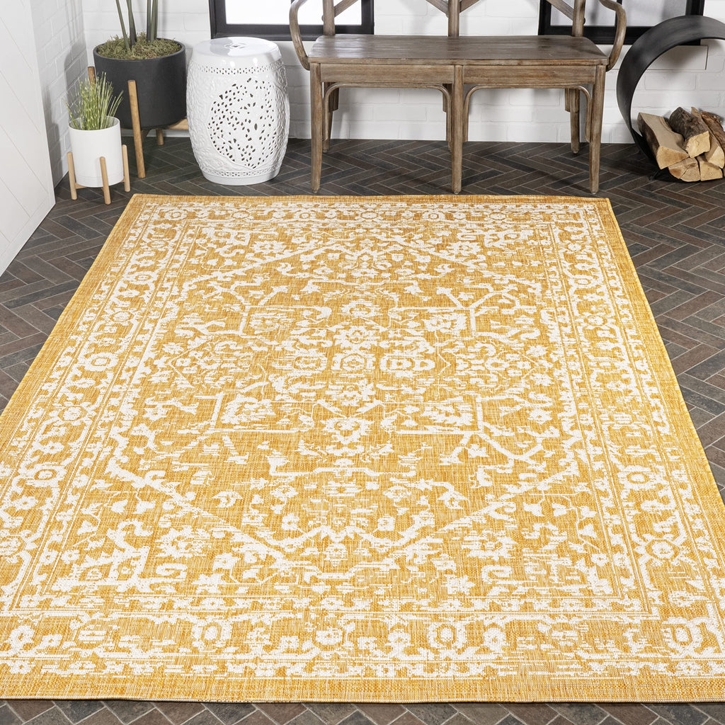 Jonathan Y Smb104G-4 Malta Bohemian Medallion Textured Weave Indoor Outdoor Area-Rug, Coastal Traditional Transitional Easy-Cleaning,Bedroom,Kitchen,Backyard,Patio,Non Shedding, 4 X 6, Yellow/Cream