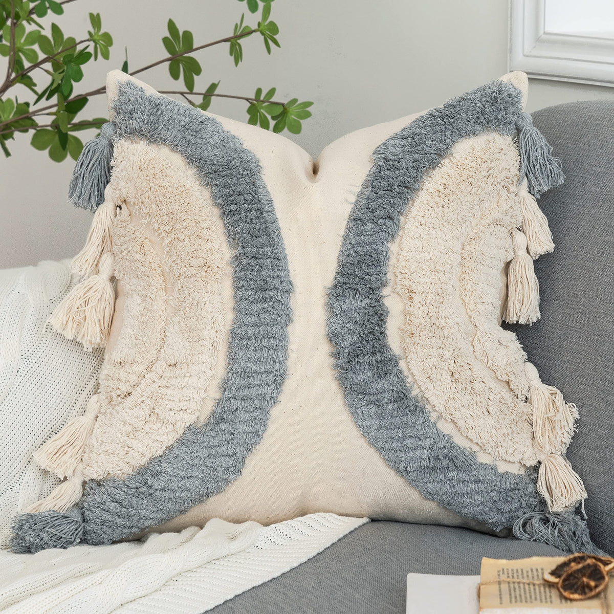 Foindtower Half Moon Accent Tufted Decorative Throw Pillow Cover, Stylish & Cozy Bohemian Cotton Canvas Cushion Cover  Tassels P