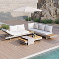 Homary 6 Piece Aluminum & Teak Outdoor Sofa Set, Patio Sofa Seat L-Shaped Outdoor Sectional Sofa Set With Adjustable Backrests/W