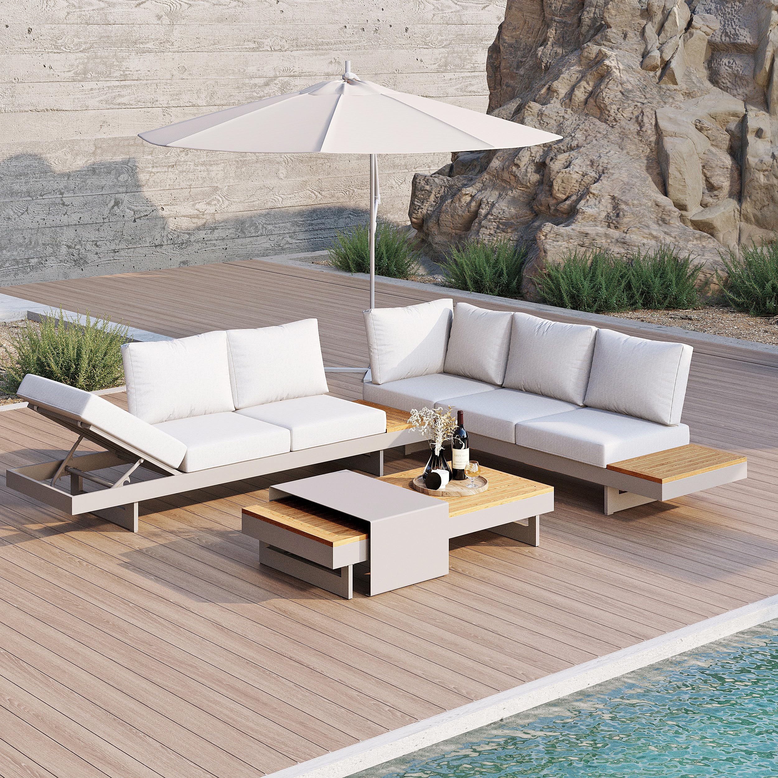 Homary 6 Piece Aluminum & Teak Outdoor Sofa Set, Patio Sofa Seat L-Shaped Outdoor Sectional Sofa Set With Adjustable Backrests/W