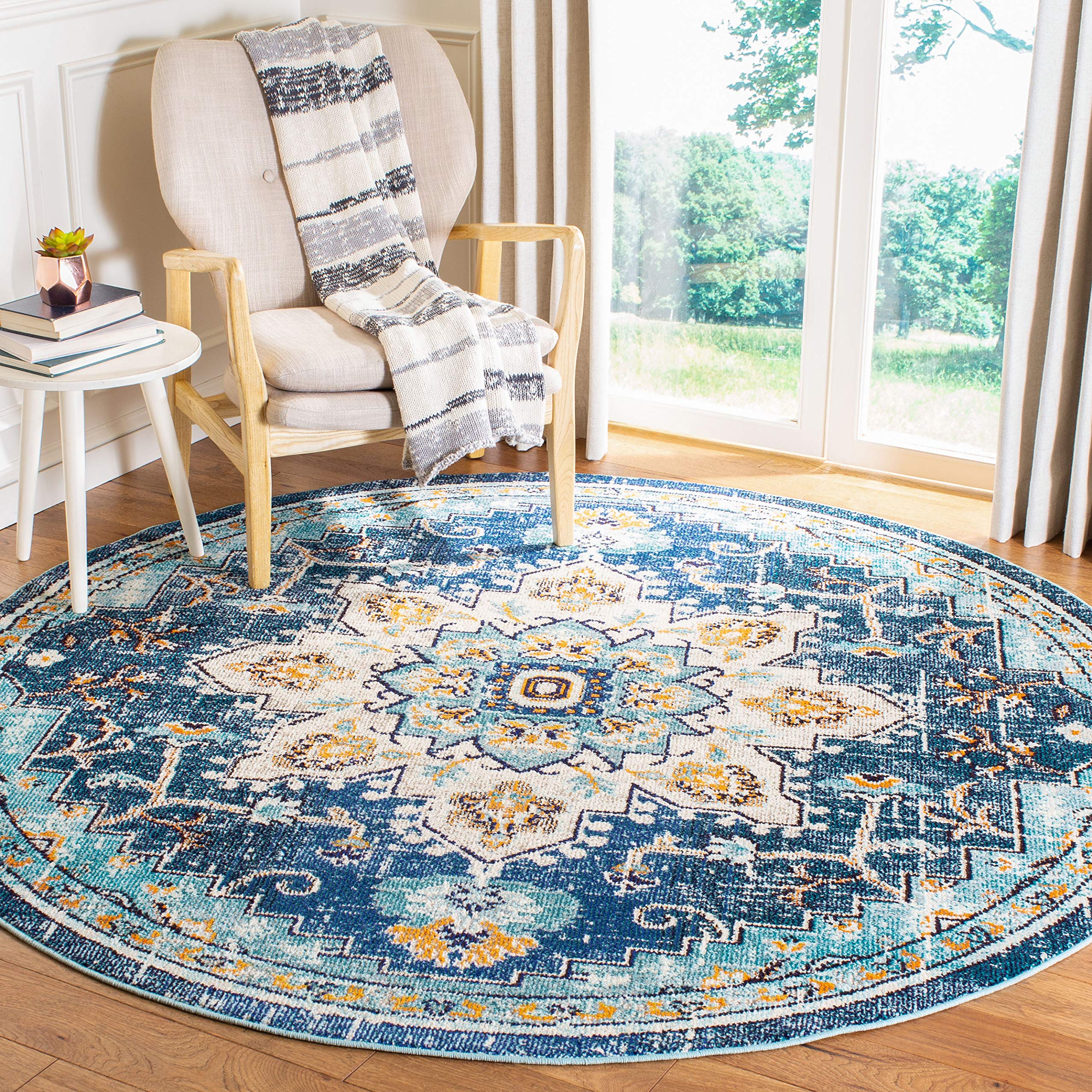 SAFAVIEH Madison Collection Area Rug - 5 Round, Blue & Light Blue, Boho Chic Medallion Distressed Design, Non-Shedding & Easy C