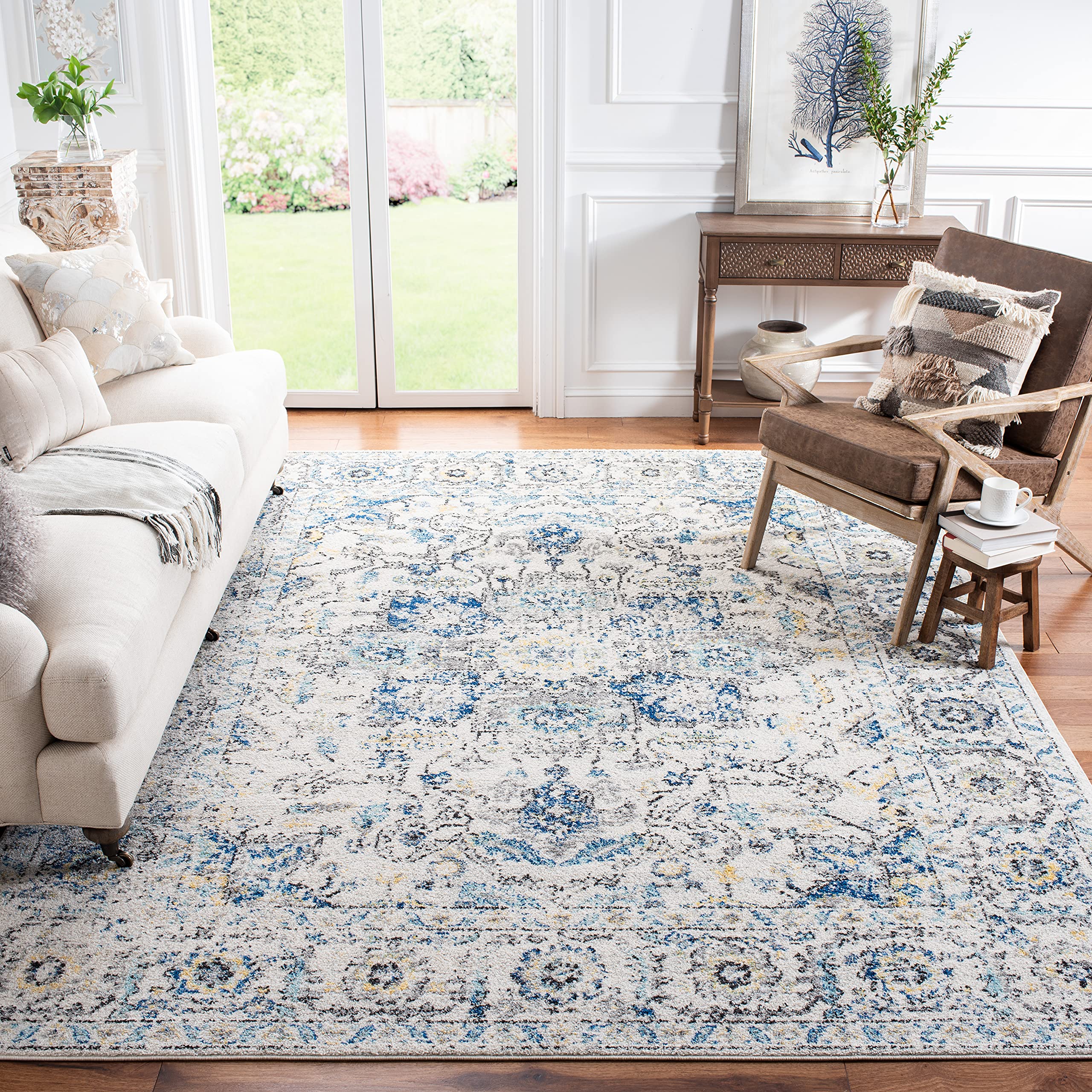 SAFAVIEH Madison Collection Area Rug - 8 x 10, Grey & Ivory, Snowflake Medallion Distressed Design, Non-Shedding & Easy Care, 