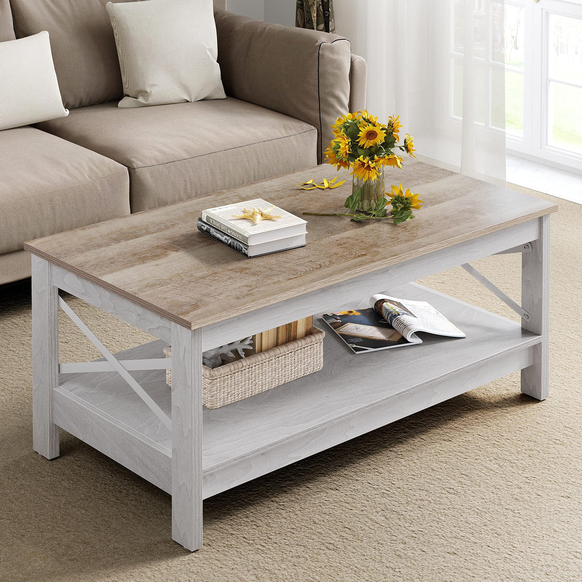 Yitahome Coffee Table For Living Room,Modern Farmhouse Coffee Table With Storage,2-Tier Center Table For Living Room Wood Living Room Table Accent Cocktail With Sturdy Frame,Grey Wash