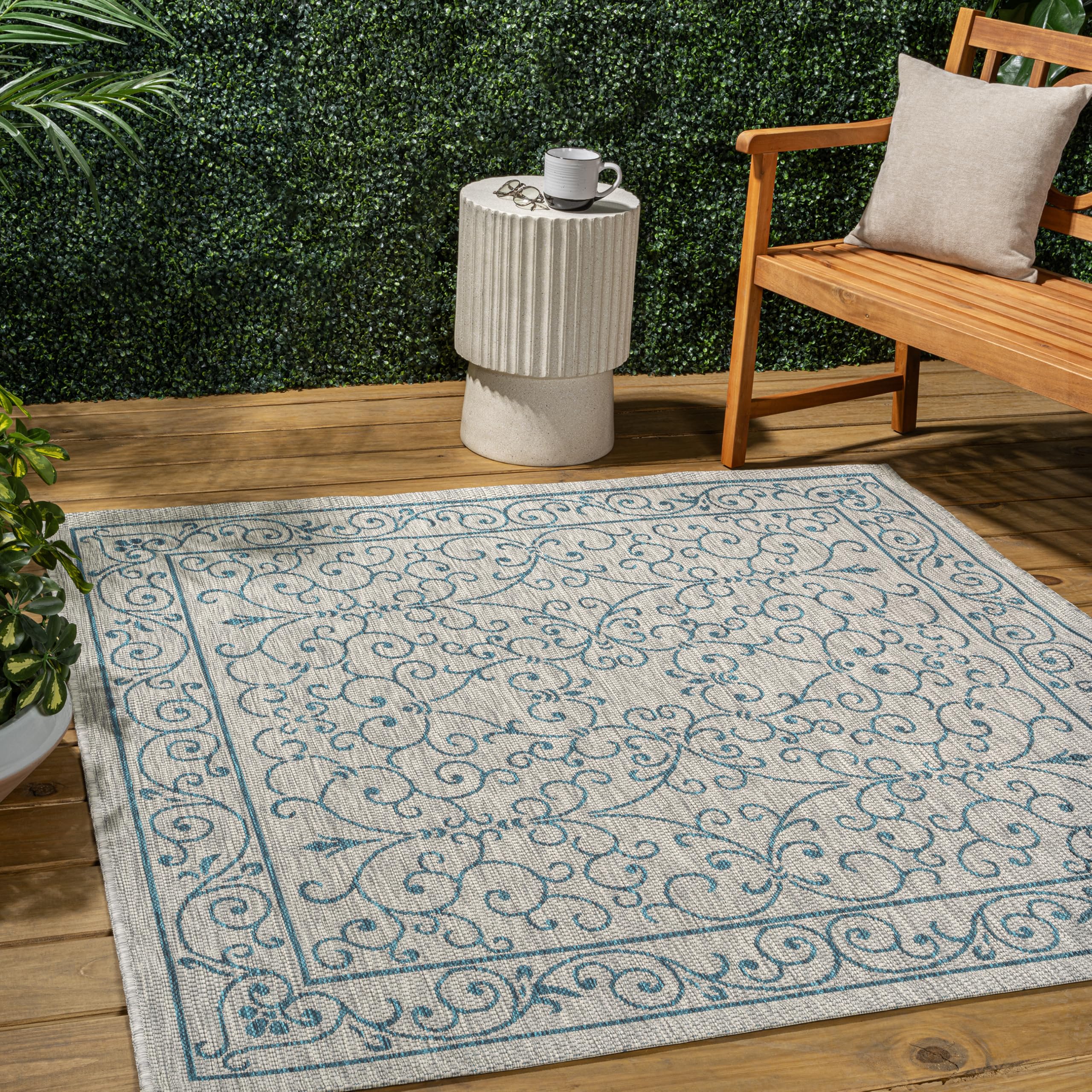 JONATHAN Y SMB106E-5SQ Charleston Vintage Filigree Textured Weave Gray/Teal 5 Square Indoor/Outdoor Area Rug, Pet Friendly, Non