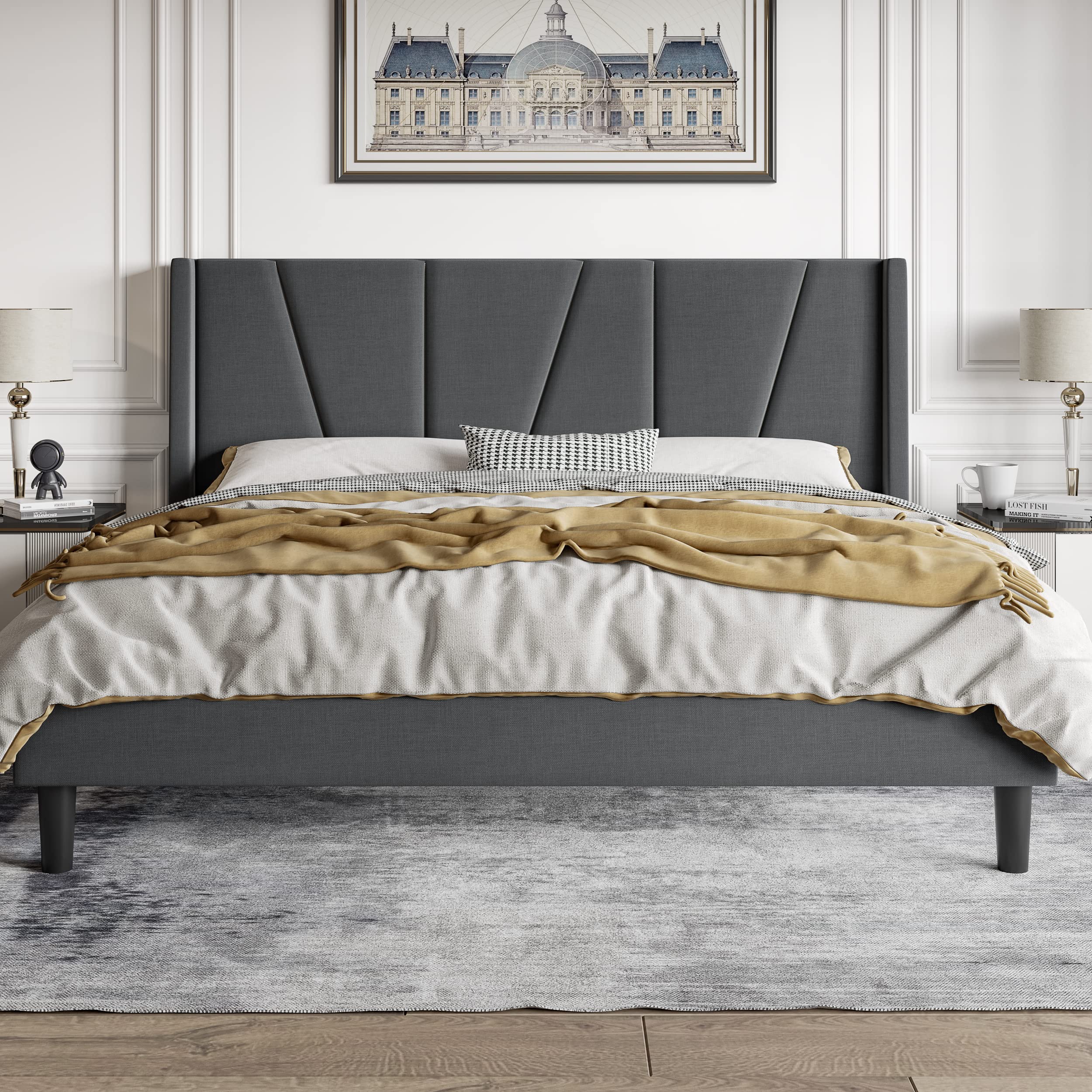 Hoomic King Size Platform Bed Frame With Geometric Wingback Headboard, Wooden Slats Support, No Box Spring Needed, Modern Style In Dark Grey