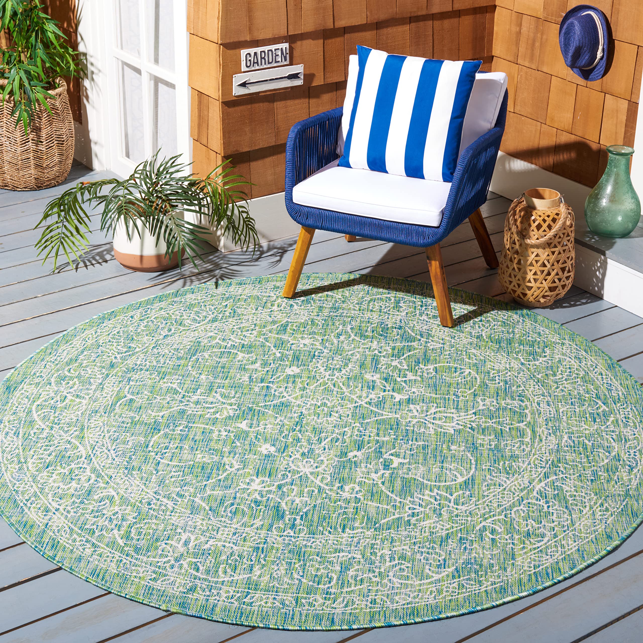Safavieh Courtyard Collection 5'3' Round Green/Ivory Cy8680 Indoor/Outdoor Non-Shedding Easy Cleaning Patio Backyard Porch Deck