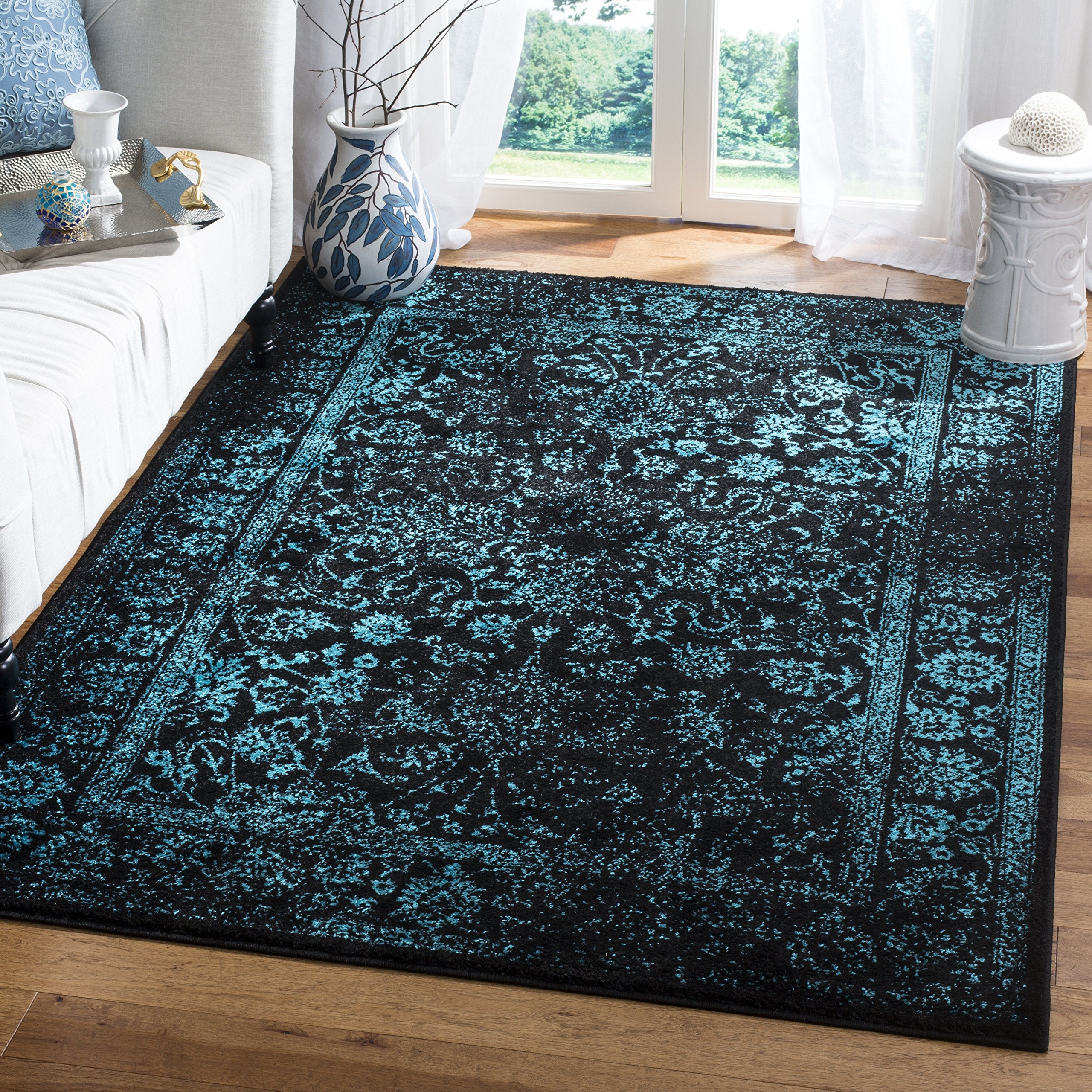 SAFAVIEH Adirondack Collection Area Rug - 4 Square, Black & Teal, Oriental Distressed Design, Non-Shedding & Easy Care, Ideal f