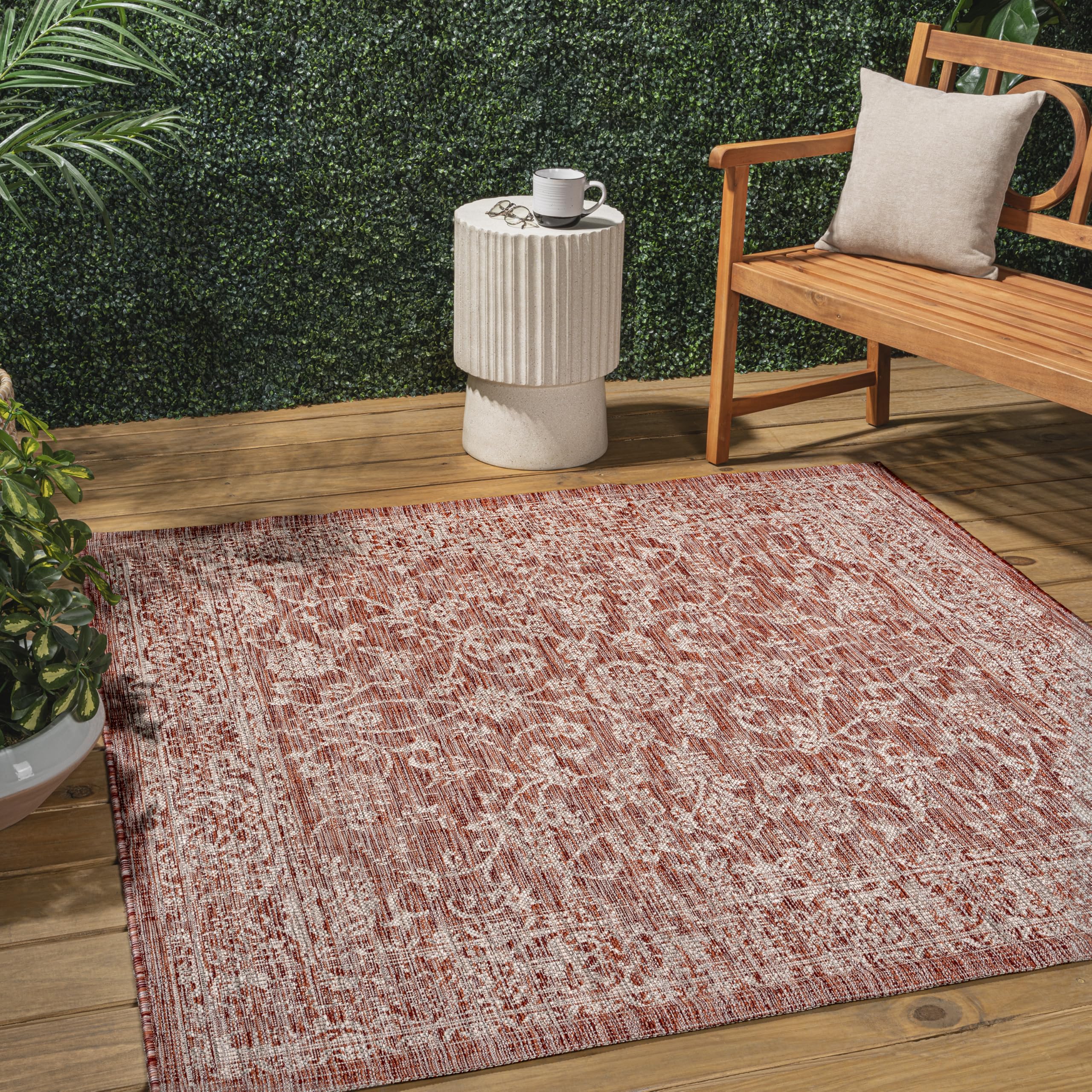 Jonathan Y Smb100A-8Sq Tela Bohemian Textured Weave Floral Red/Taupe 8' Square Indoor/Outdoor Area Rug, Pet Friendly, Non-Sheddi
