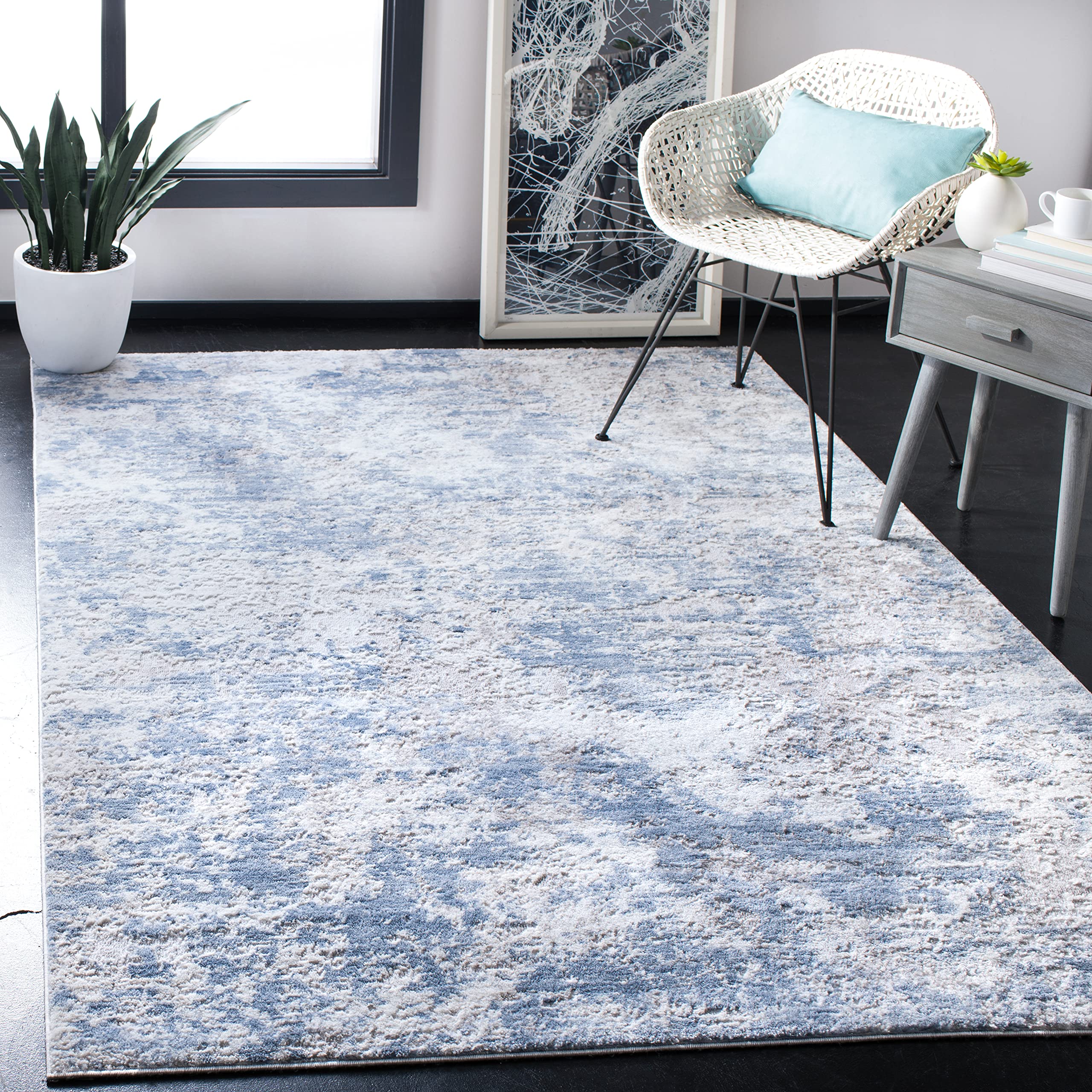 SAFAVIEH Amelia Collection 3 Square Grey/Blue ALA705F Modern Abstract Non-Shedding Living Room Bedroom Accent Rug