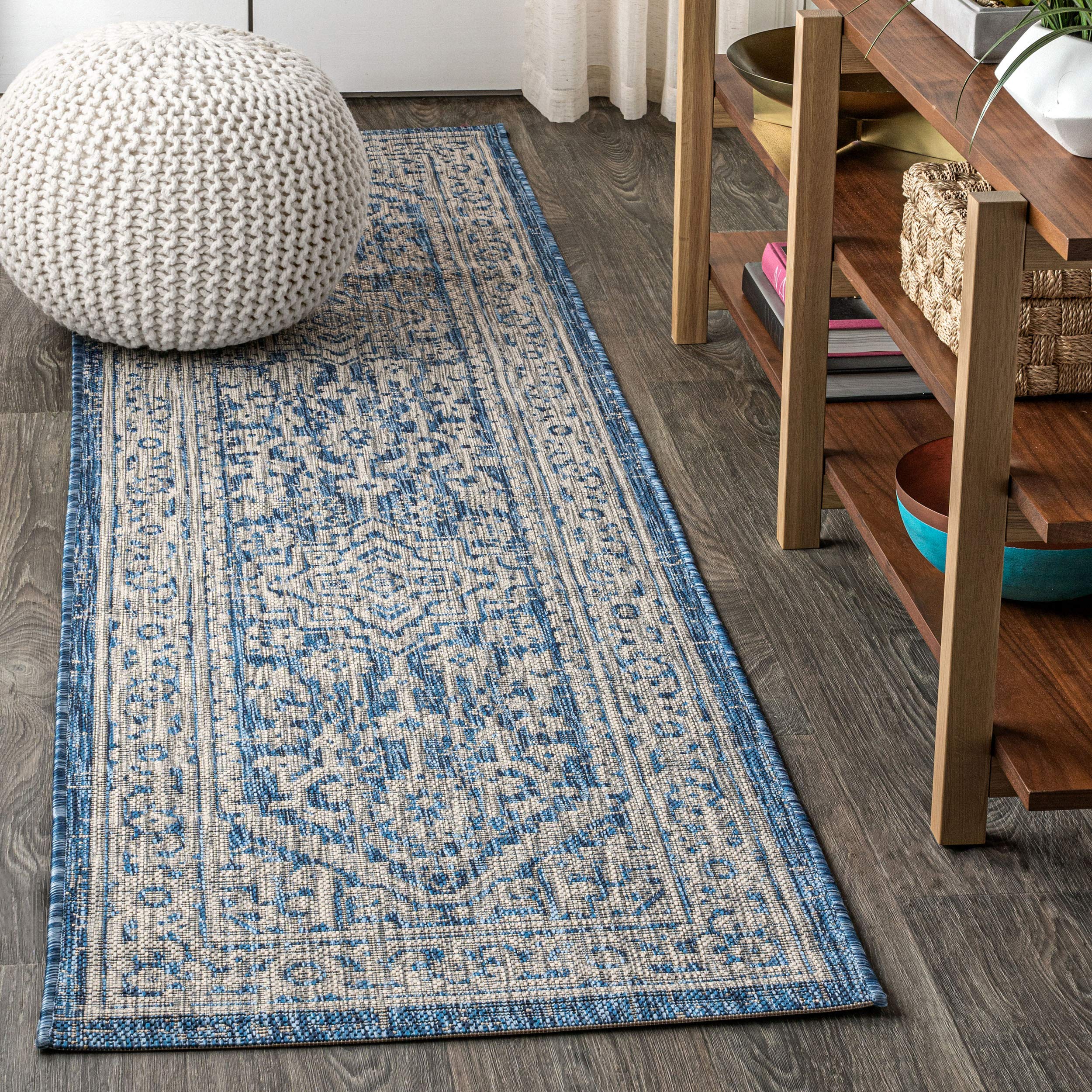 Jonathan Y Smb101B-28 Sinjuri Medallion Textured Weave Indoor/Outdoor Navy/Gray 2 Ft. X 8 Ft. Runner-Rug, Coastal,Easy-Cleaning,