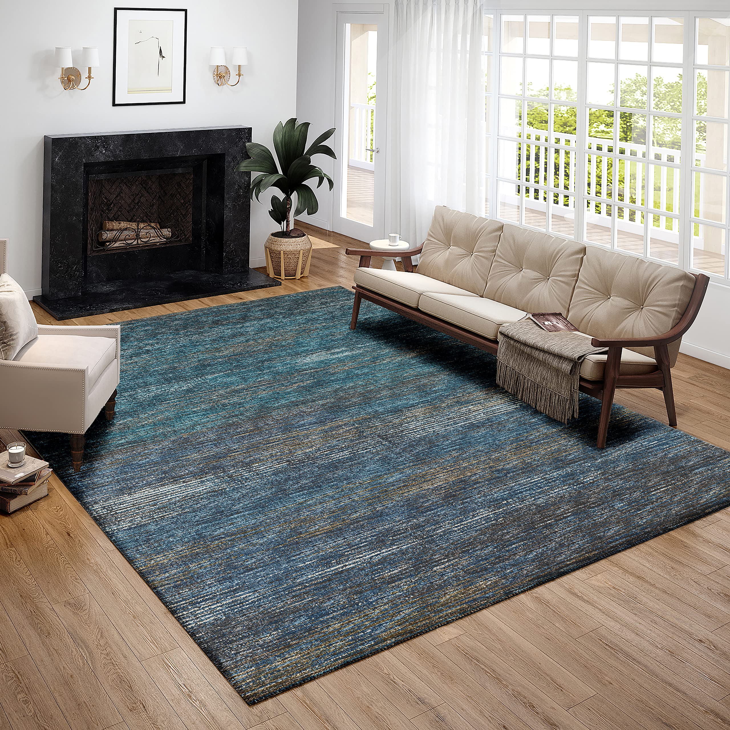 Addison Rugs Marston 3' X 5' Transitional Blue Indoor Outdoor Area Rug, Stain Resistant, Machine Washable, Non Shedding, Bedroom, Living Room, Dining Room, Kitchen Rug