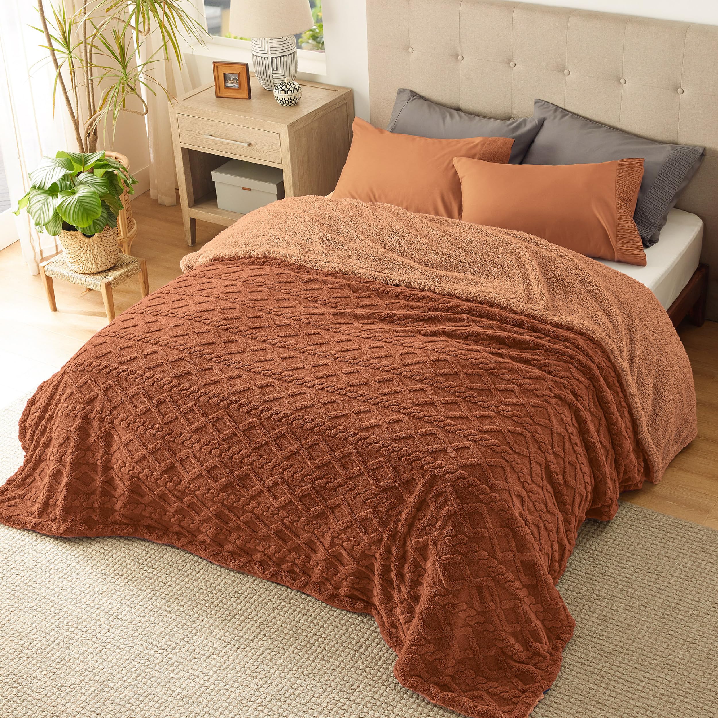 Bedsure Sherpa Queen Size Blanket For Bed - Fuzzy Soft Cozy Blanket Queen Size, Fleece Thick Warm Blanket For Winter, Orange Fal