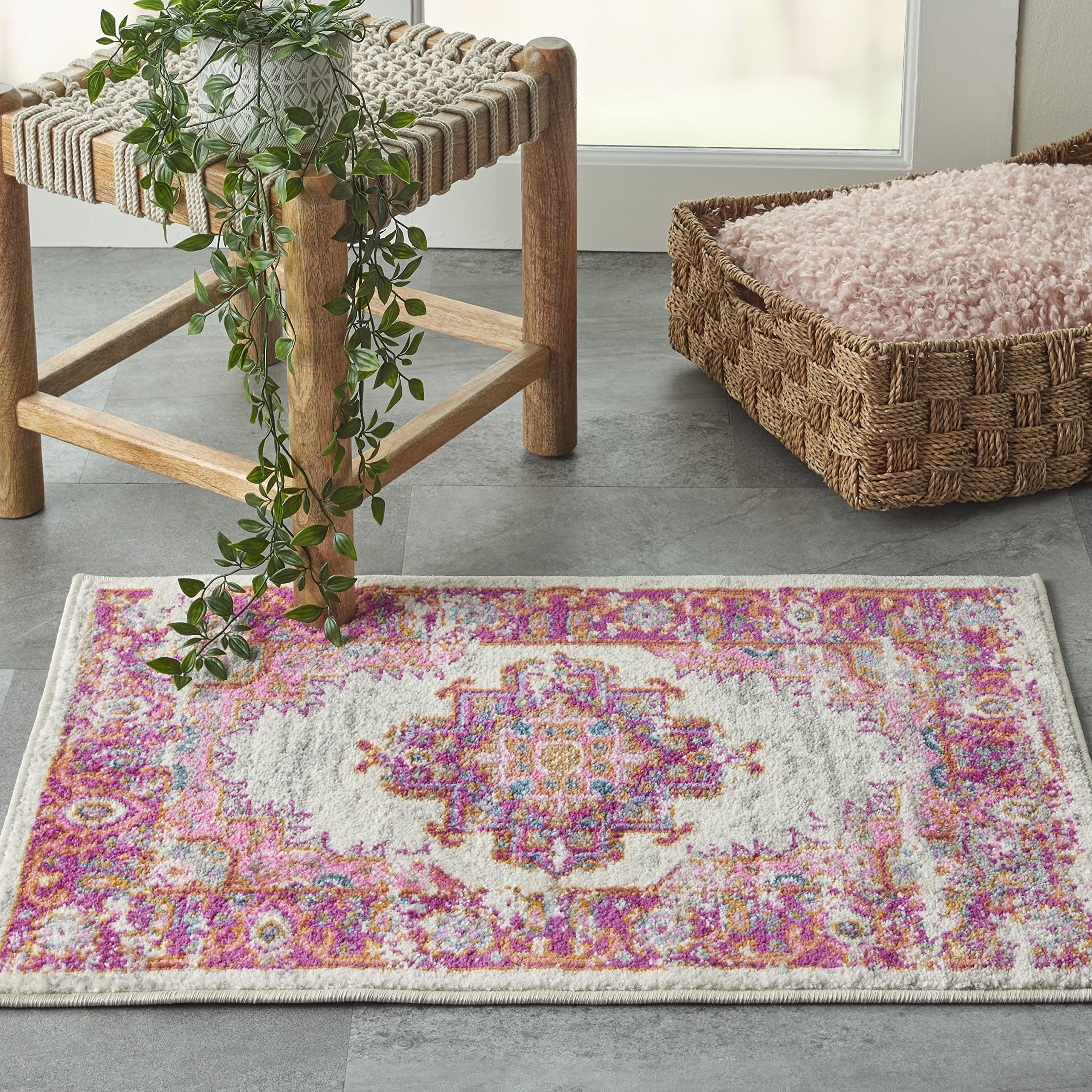 Nourison Passion Ivory/Fuchsia 22' X 34' Area Rug, Boho, Traditional, Easy Cleaning, Non Shedding, Bed Room, Living Room, Hall