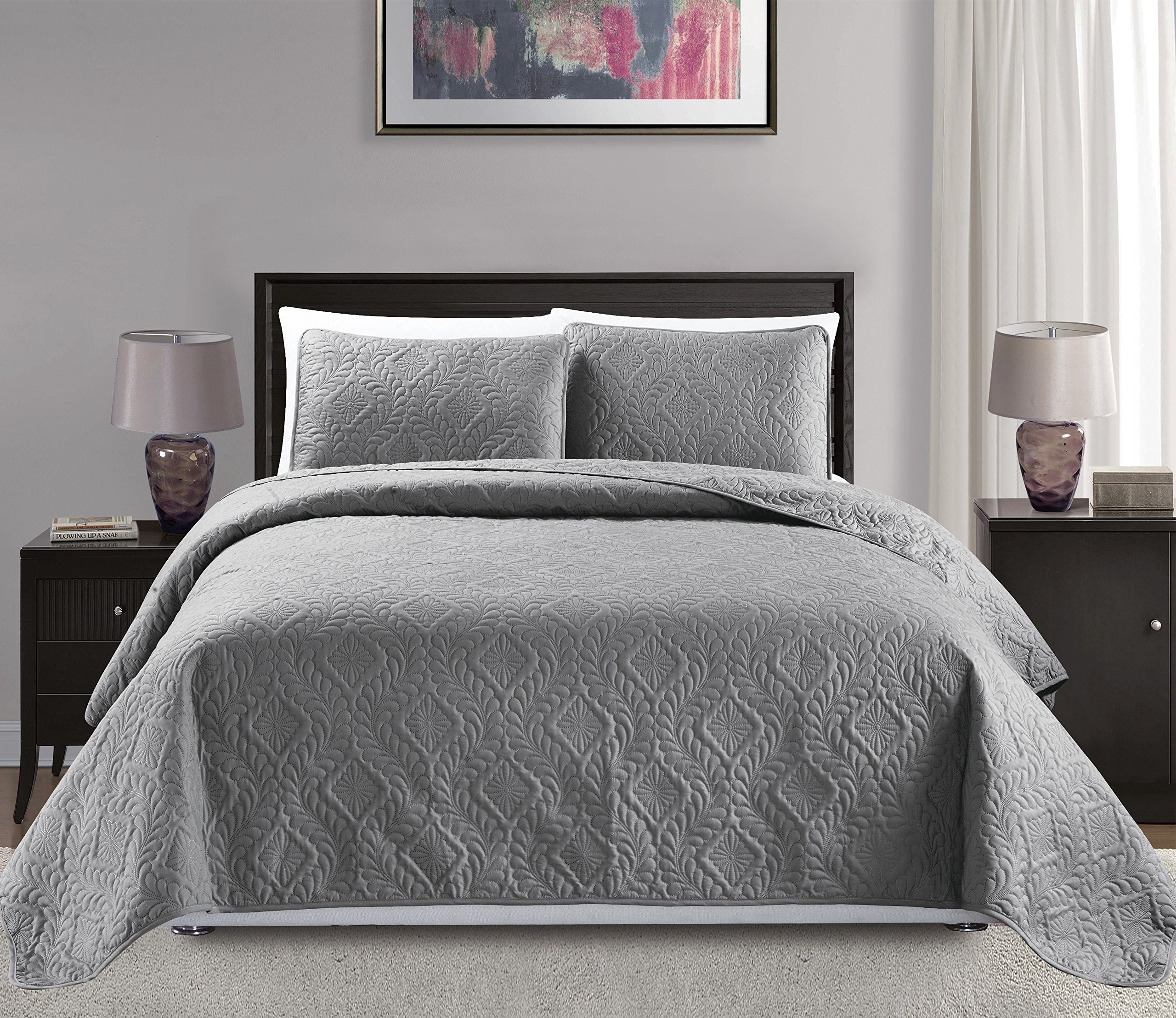 Mk Collection 3Pc King/California King Over Size Diamond Bedspread Bed Cover Embossed Solid Gray New