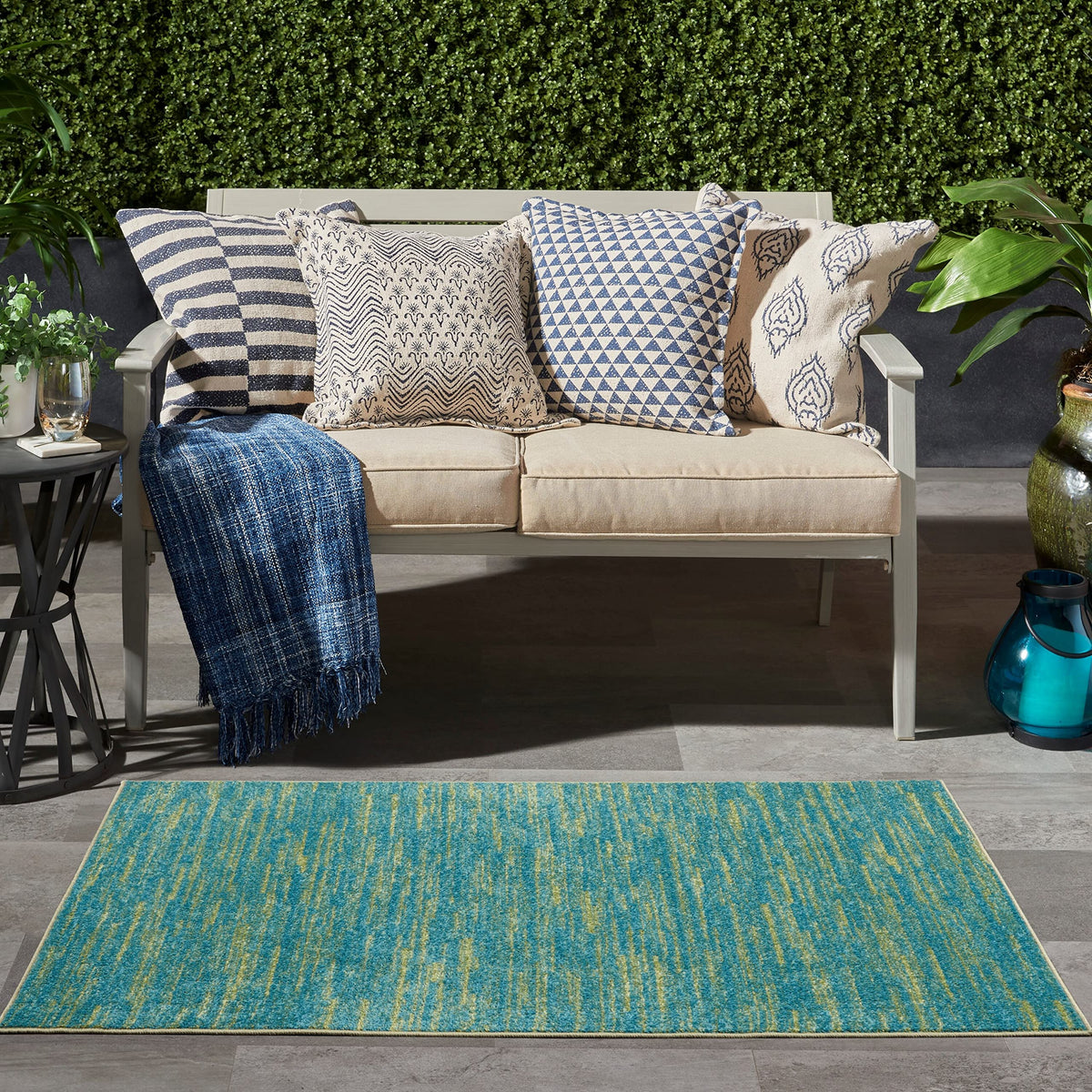 Nourison Essentials Indoor/Outdoor Blue Green 3' X 5' Area -Rug, Easy -Cleaning, Non Shedding, Bed Room, Living Room, Dining Room, Backyard, Deck, Patio (3X5)