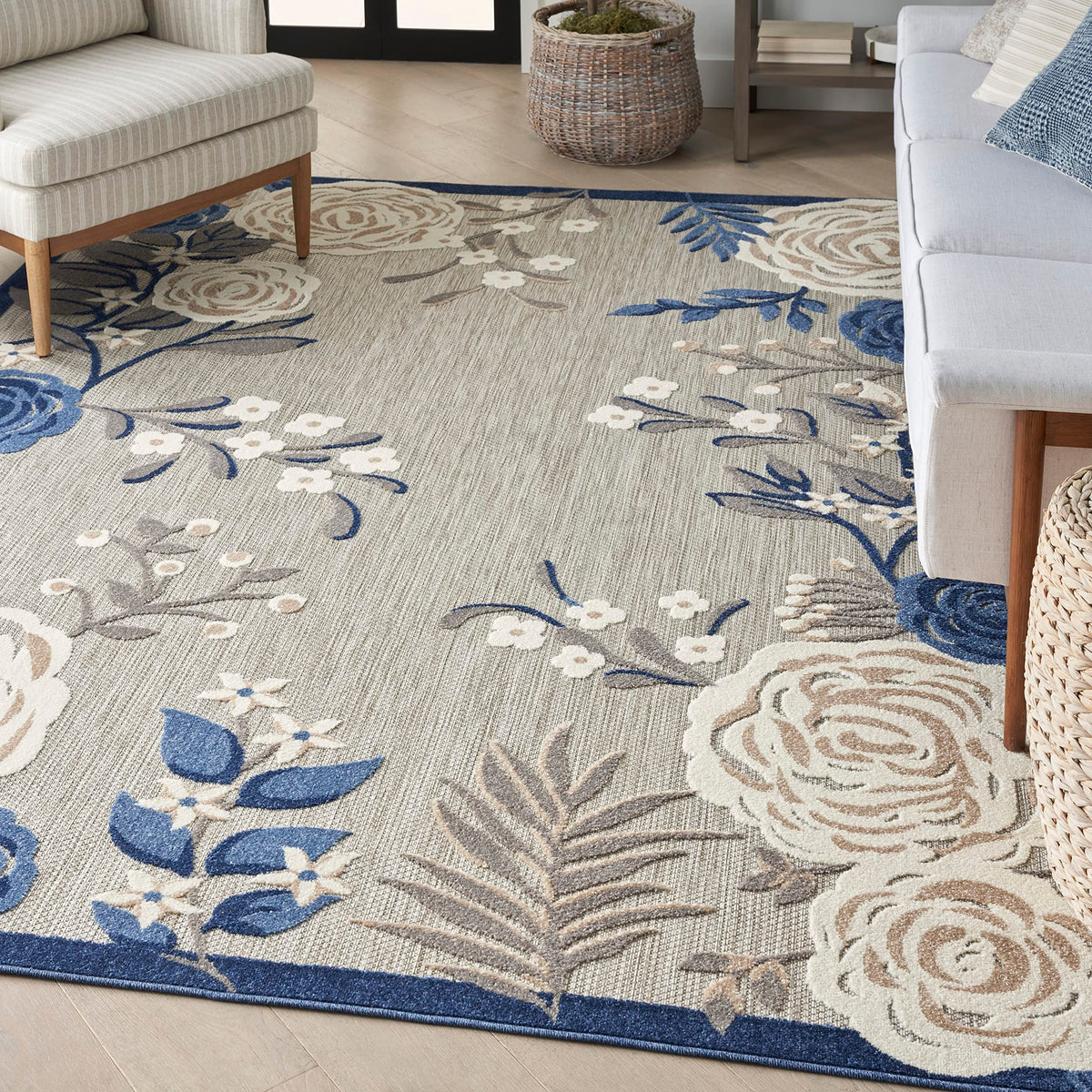 Nourison Aloha Indoor/Outdoor Modern Blue/Grey 5'3' X 7'5' Area Rug, Easy Cleaning, Non Shedding, Bed Room, Living Room, Dining Room, Kitchen (5X7)