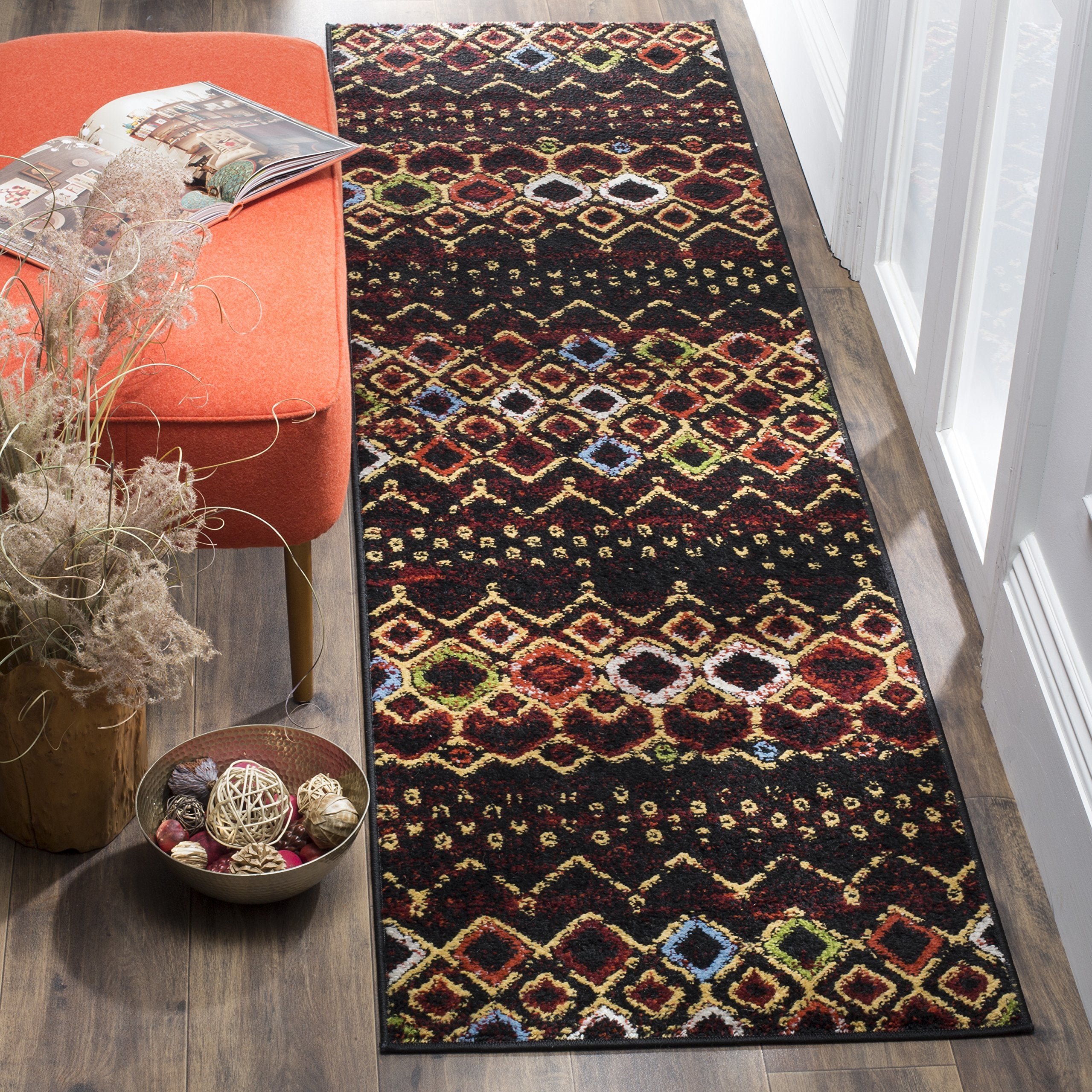 SAFAVIEH Amsterdam Collection Runner Rug - 2'3'' x 10', Black & Multi, Moroccan Boho Design, Non-Shedding & Easy Care, Ideal for