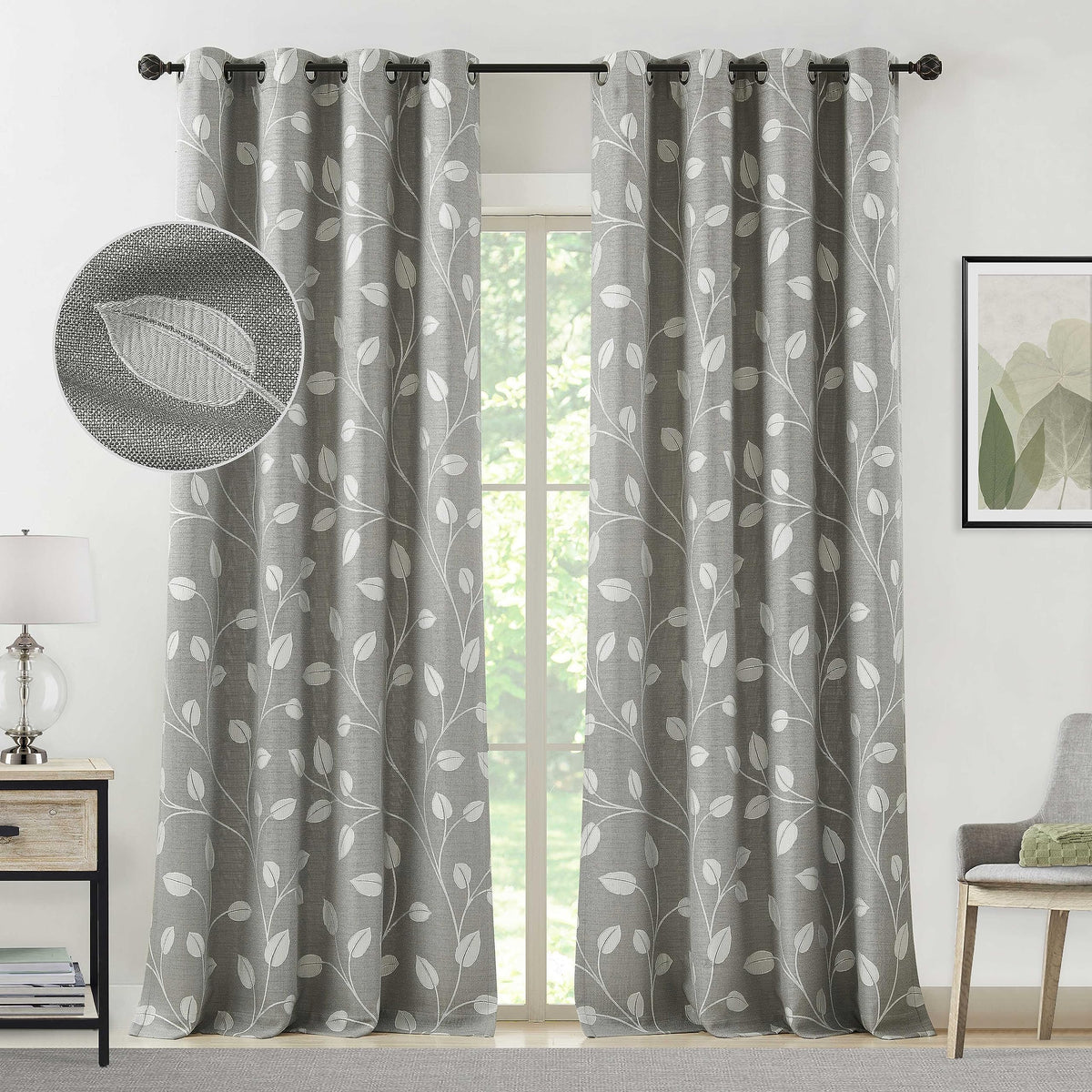 West Lake Soft Gray Curtains 84 Inches Long With Jacquard Leaf Embroidery Pattern Light Filtering Grommet Panels Heavy Textured