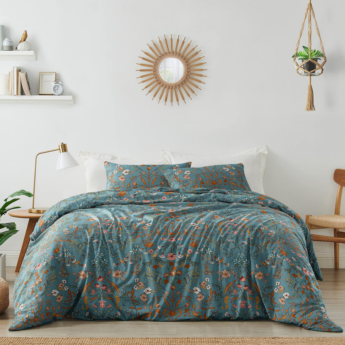 Boho Bohemian Farmhouse Teal Blue And Orange Wildflower Garden Floral Duvet Comforter Cover And Sham 3 Pc King Size Bed Bedding