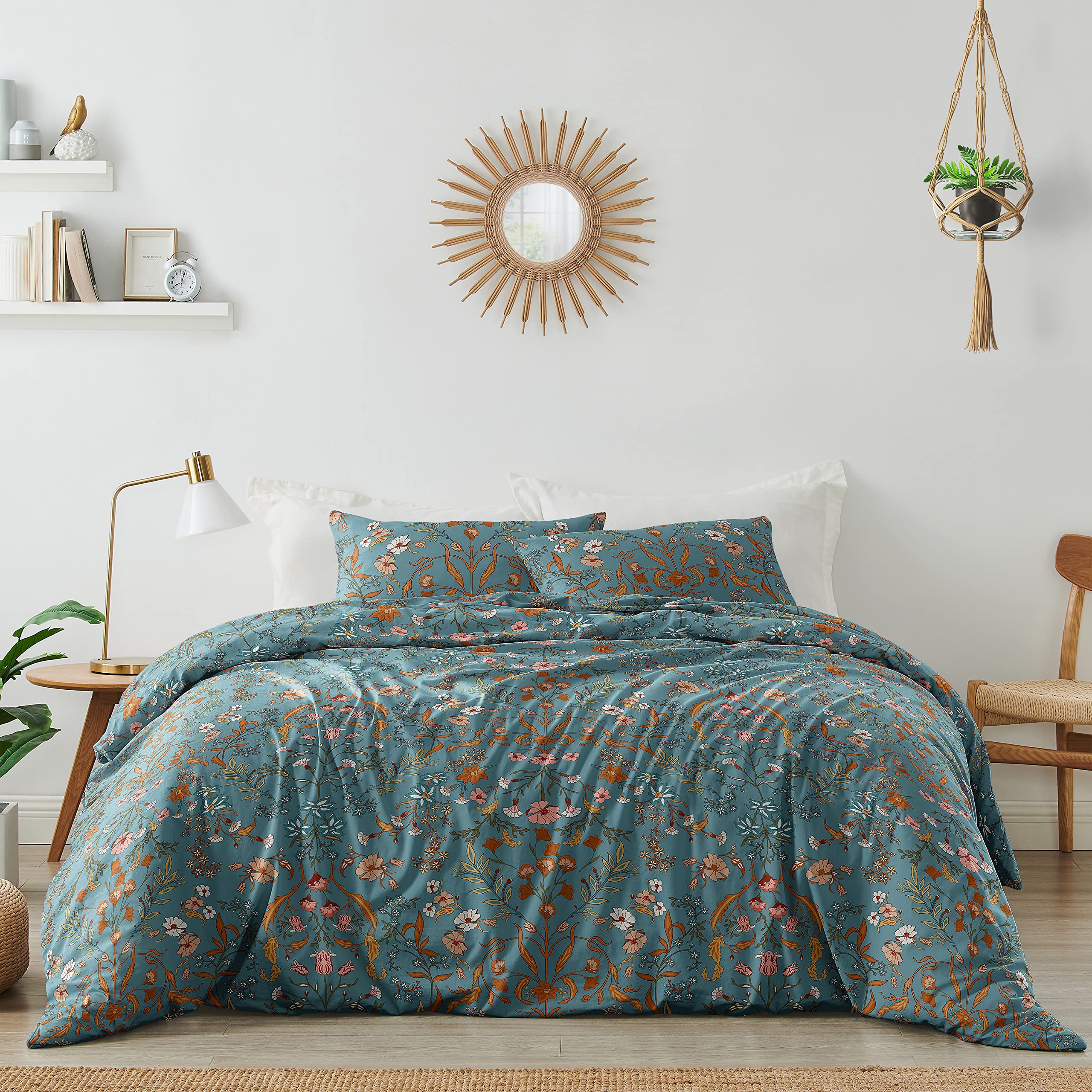 Boho Bohemian Farmhouse Teal Blue And Orange Wildflower Garden Floral Duvet Comforter Cover And Sham 3 Pc King Size Bed Bedding