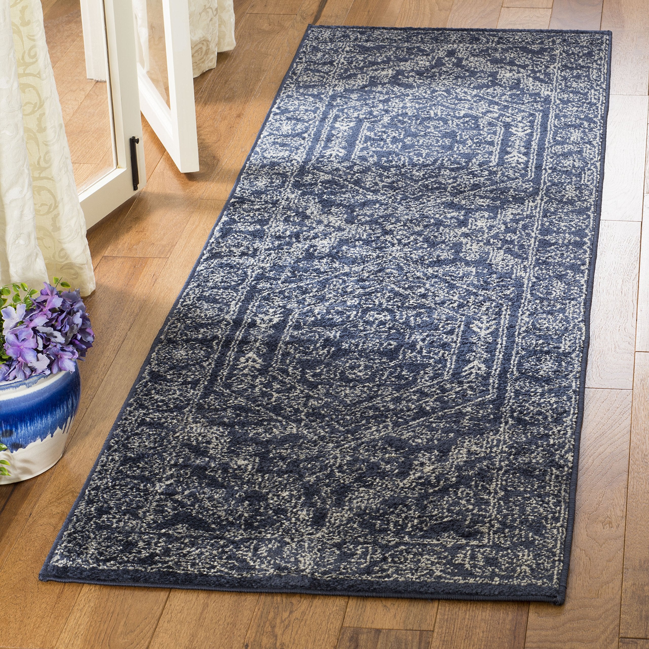 SAFAVIEH Adirondack Collection Runner Rug - 26 x 16, Navy & Ivory, Oriental Medallion Design, Non-Shedding & Easy Care, Ideal 