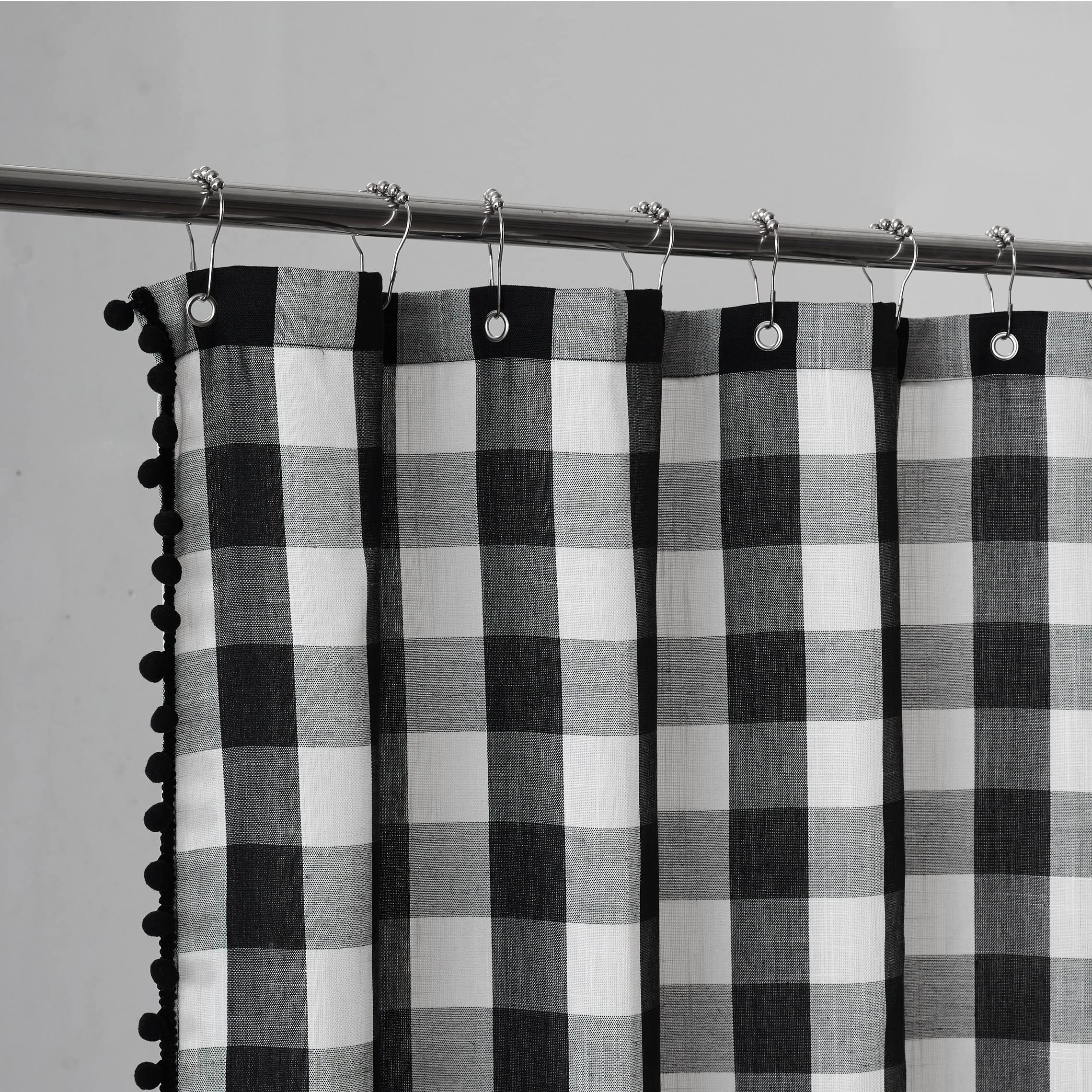 Voilybird Black And White Shower Curtain Linen Texture Buffalo Plaid Farmhouse And Boho Mix With Pompoms 72X72