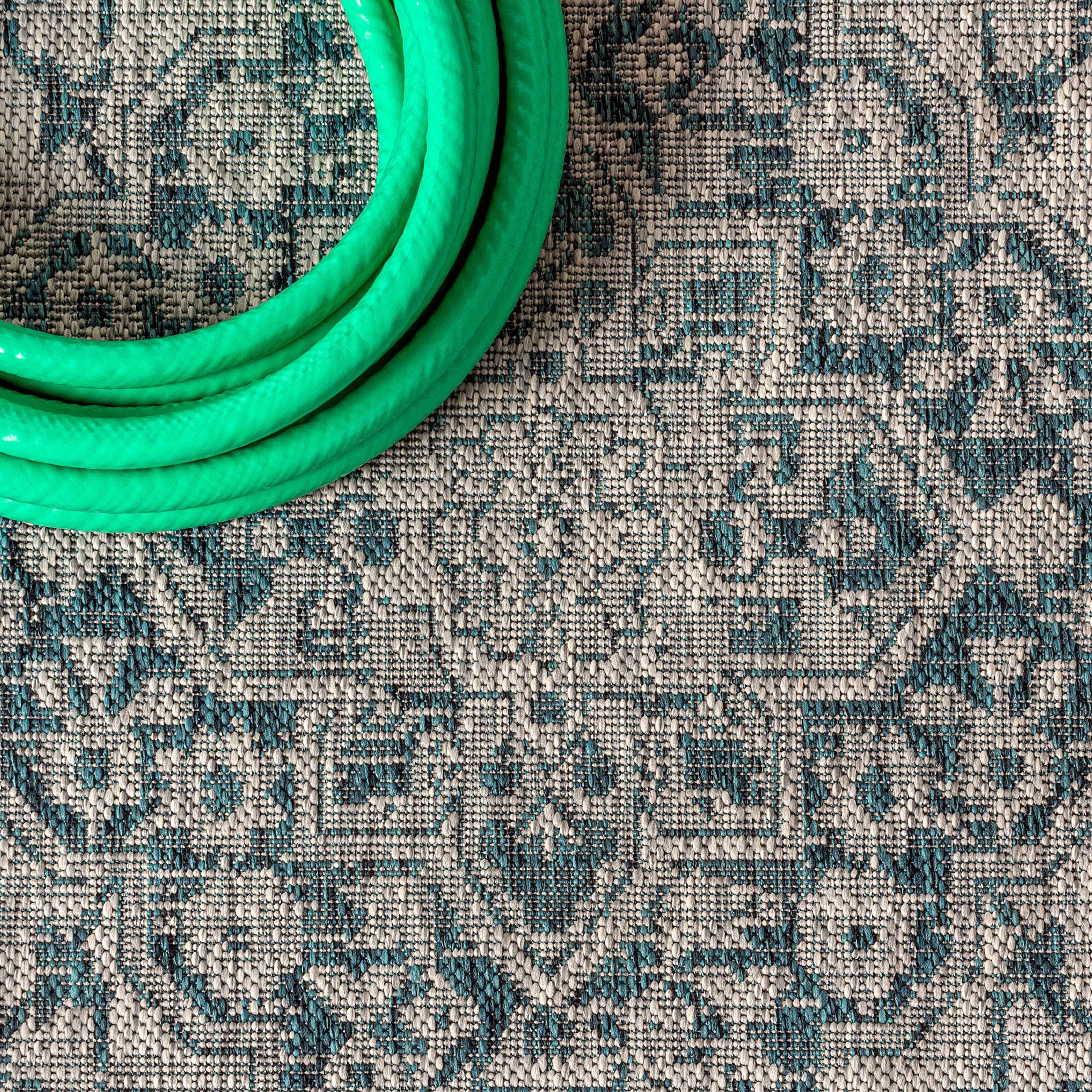 Jonathan Y Smb102C-5Sq Rozetta Boho Medallion Textured Weave Indoor Outdoor -Area Rug Coastal Bohemian Rustic Glam Easy-Cleaning Bedroom Kitchen Backyard Patio Non Shedding, 5' Square, Gray/Teal