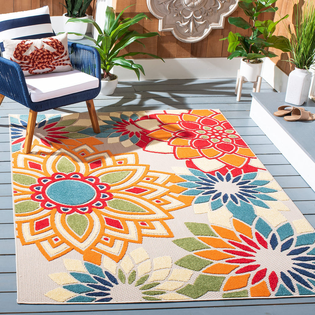 Safavieh Cabana Collection Area Rug - 9' X 12', Ivory & Orange, Floral Design, Non-Shedding & Easy Care, Indoor/Outdoor & Washab