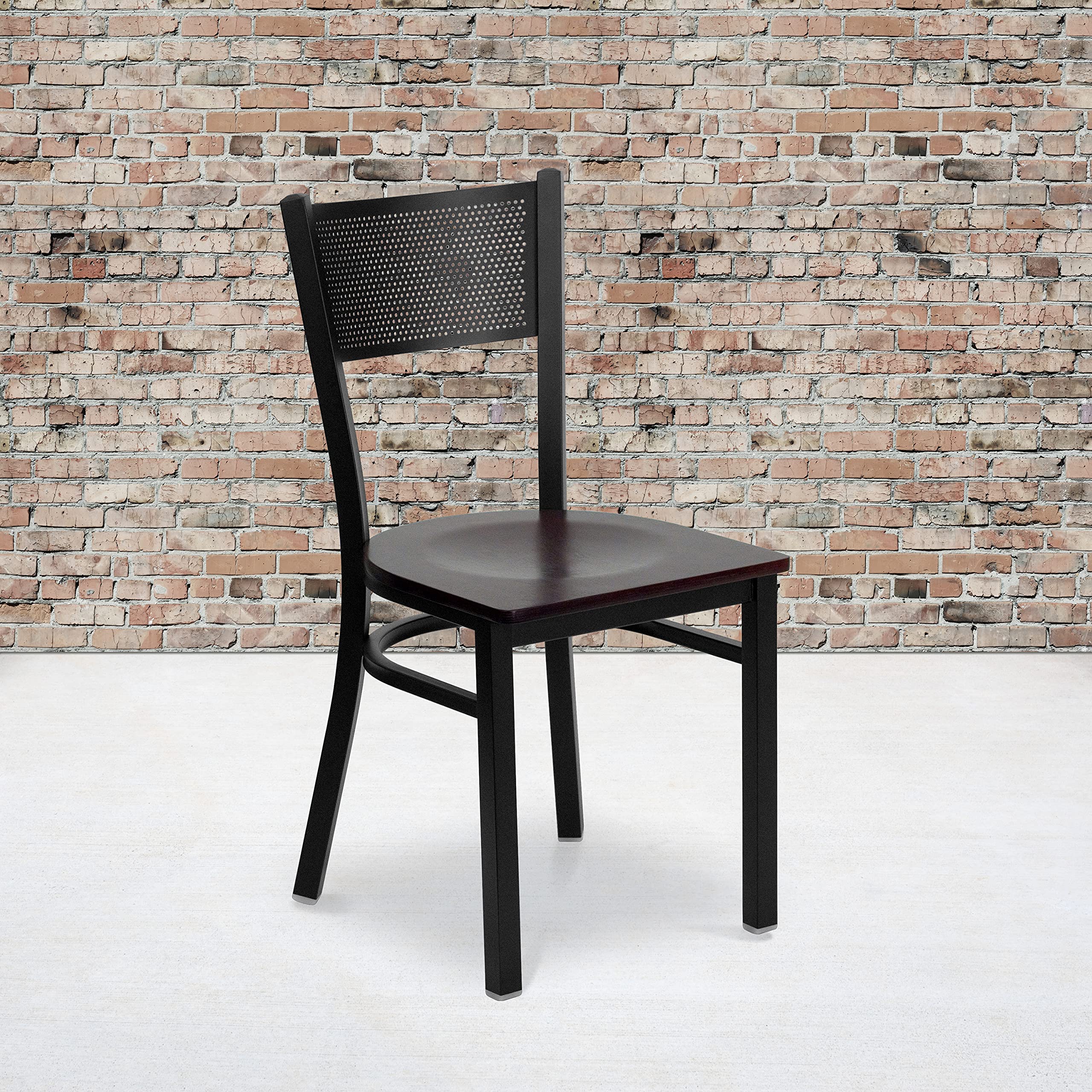Flash Furniture Hercules Series Black Grid Back Metal Restaurant Chair - Mahogany Wood Seat