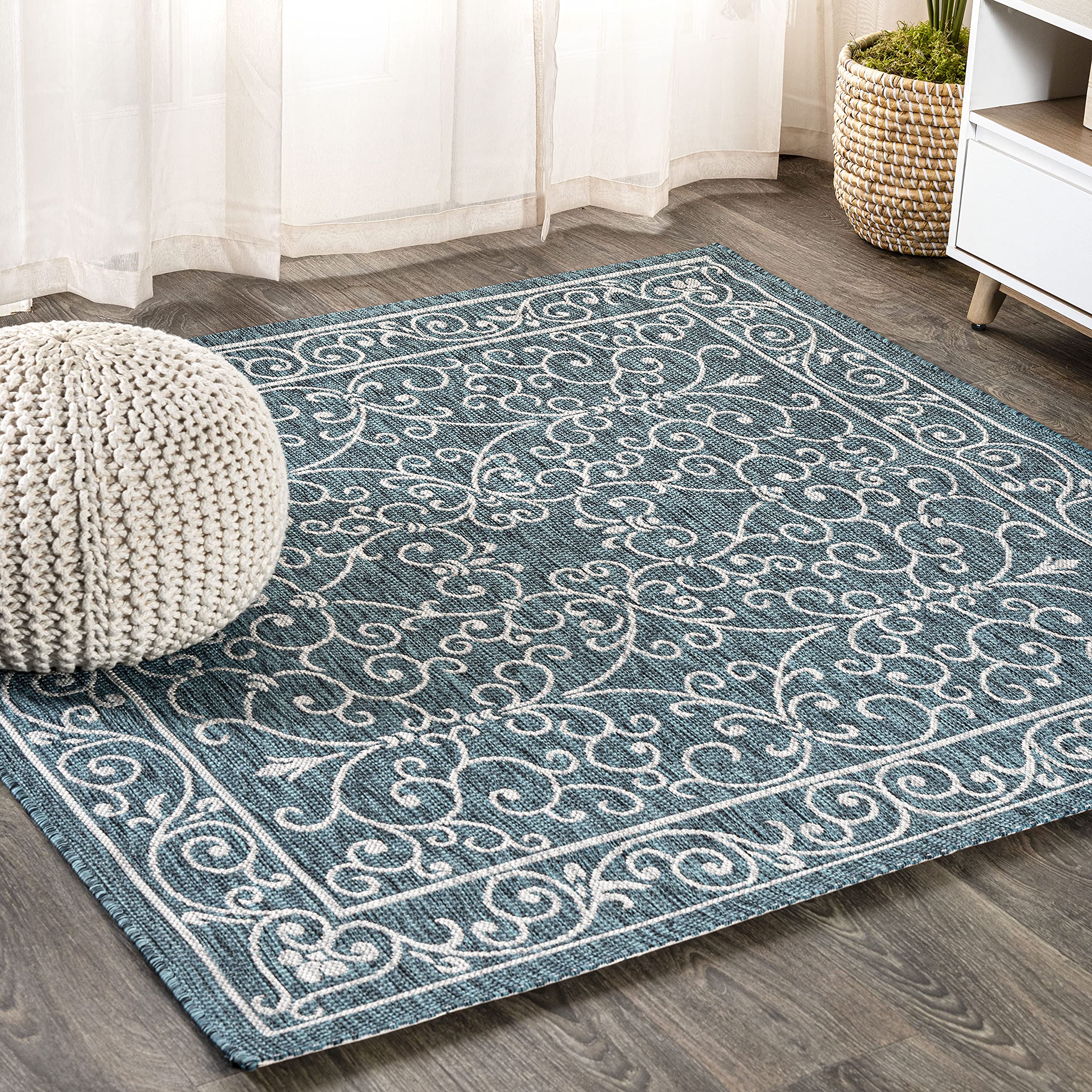 Jonathan Y Smb106F-9Sq Charleston Vintage Filigree Textured Weave Teal/Gray 9' Square Indoor/Outdoor Area Rug, Pet Friendly, Non